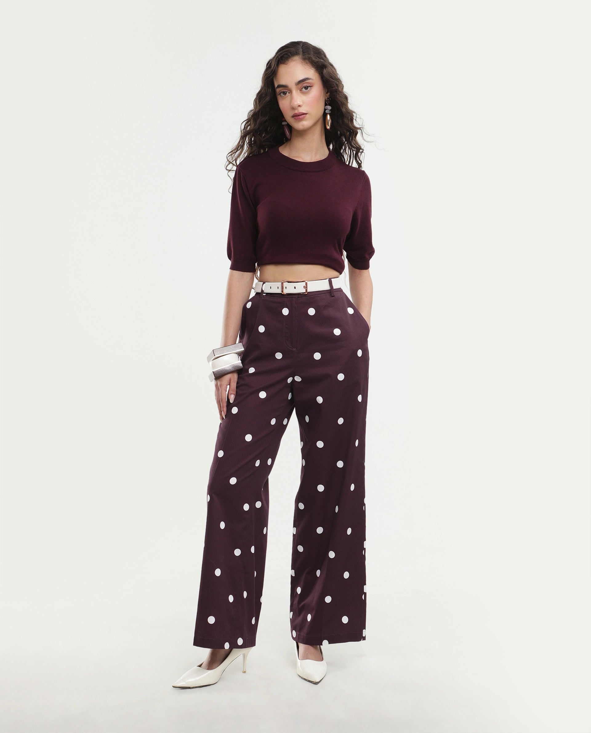 Rareism Women's Polvo-B Maroon Cotton Button And Zip Wide Polka Print Trouser