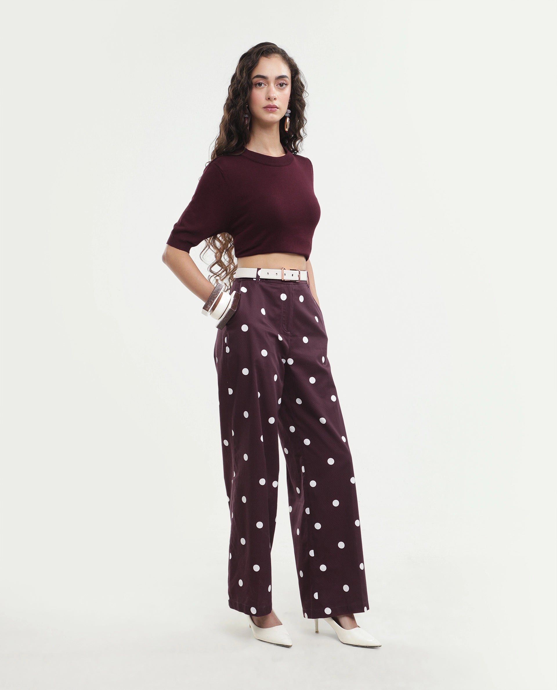 Rareism Women's Polvo-B Maroon Cotton Button And Zip Wide Polka Print Trouser