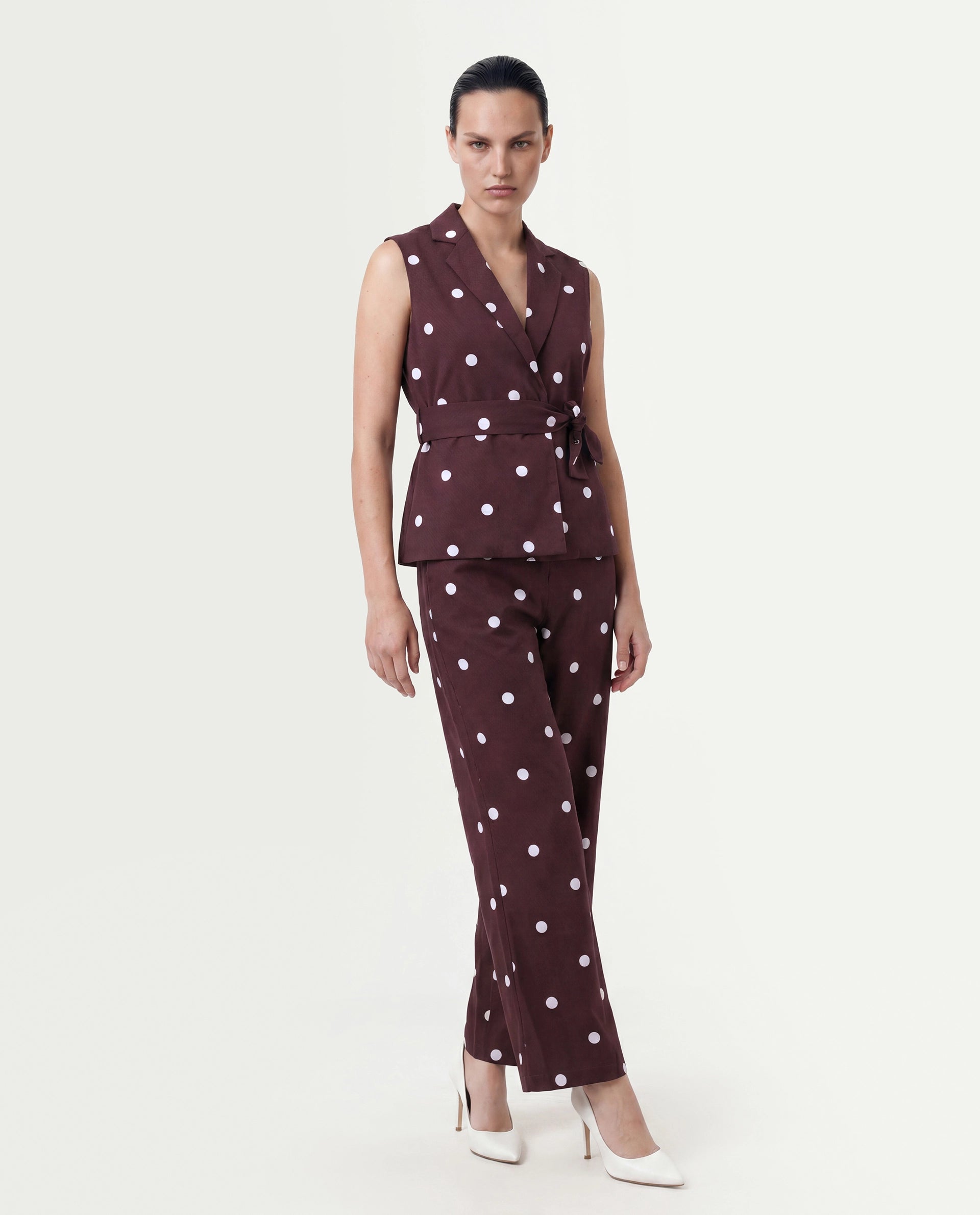 Rareism Women's Polvo-T Maroon Polka Print Cotton Blend Regular Sleeveless Top