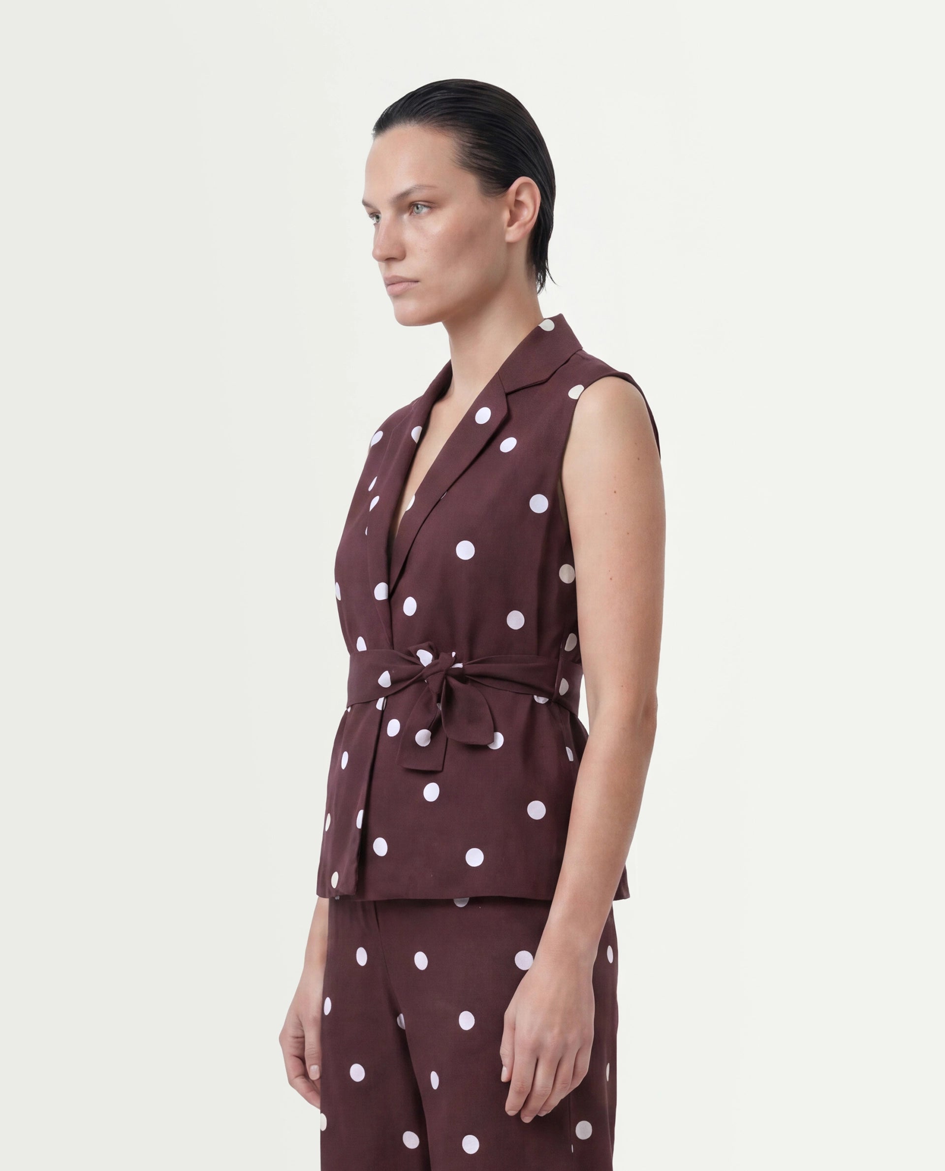 Rareism Women's Polvo-T Maroon Polka Print Cotton Blend Regular Sleeveless Top