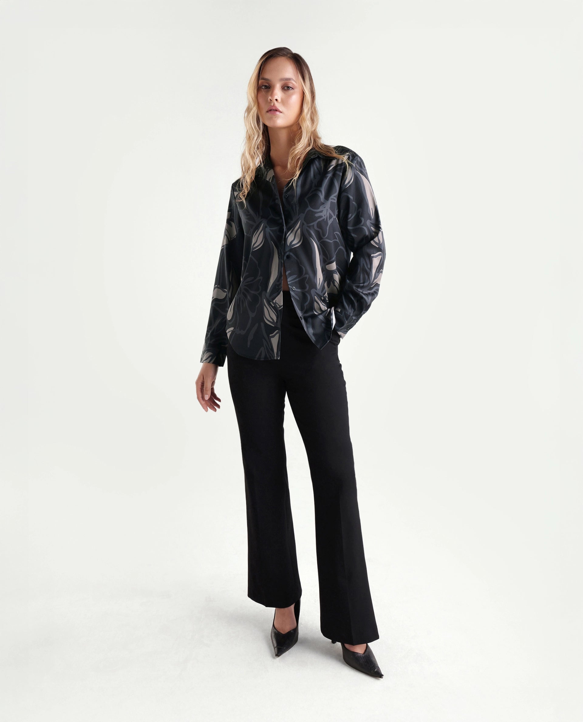 Rareism Women's Satino Black Abstract Satin Regular Long Sleeve Shirt
