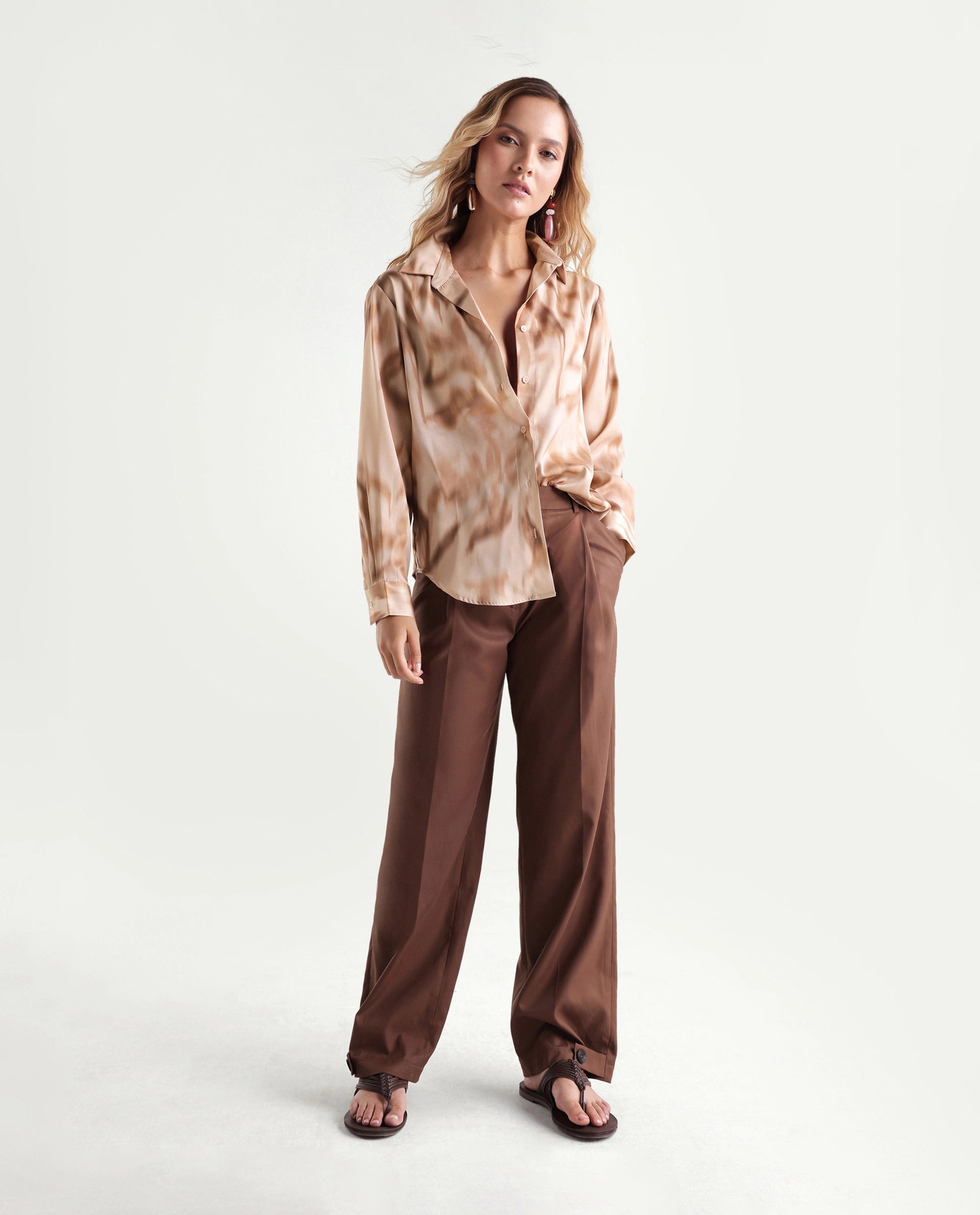 Rareism Women's Satino Dark Beige Abstract Polyester Regular Long Sleeves Shirt
