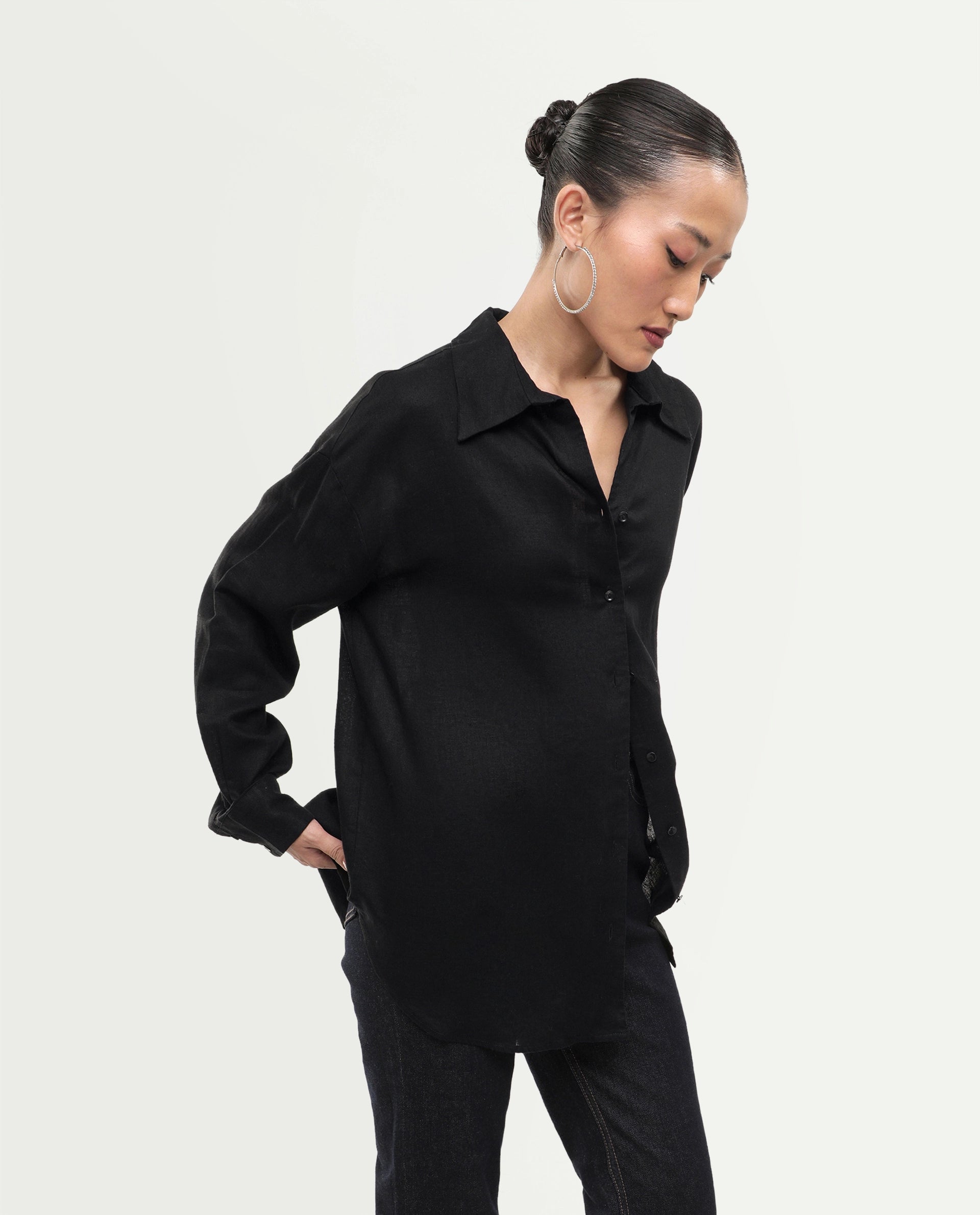 Rareism Women's Uganda Black Linen Spread Collar Regular Plain Shirt