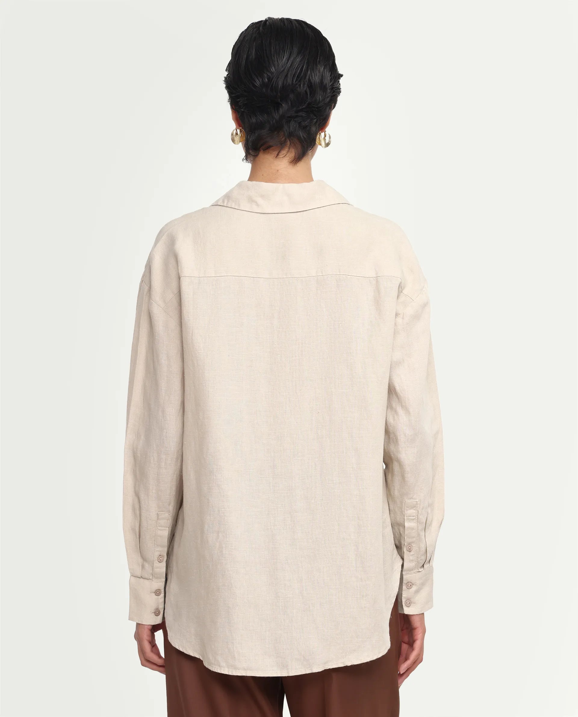Rareism Women's Uganda Beige Linen Fabric Spread Collar Regular Plain Shirt
