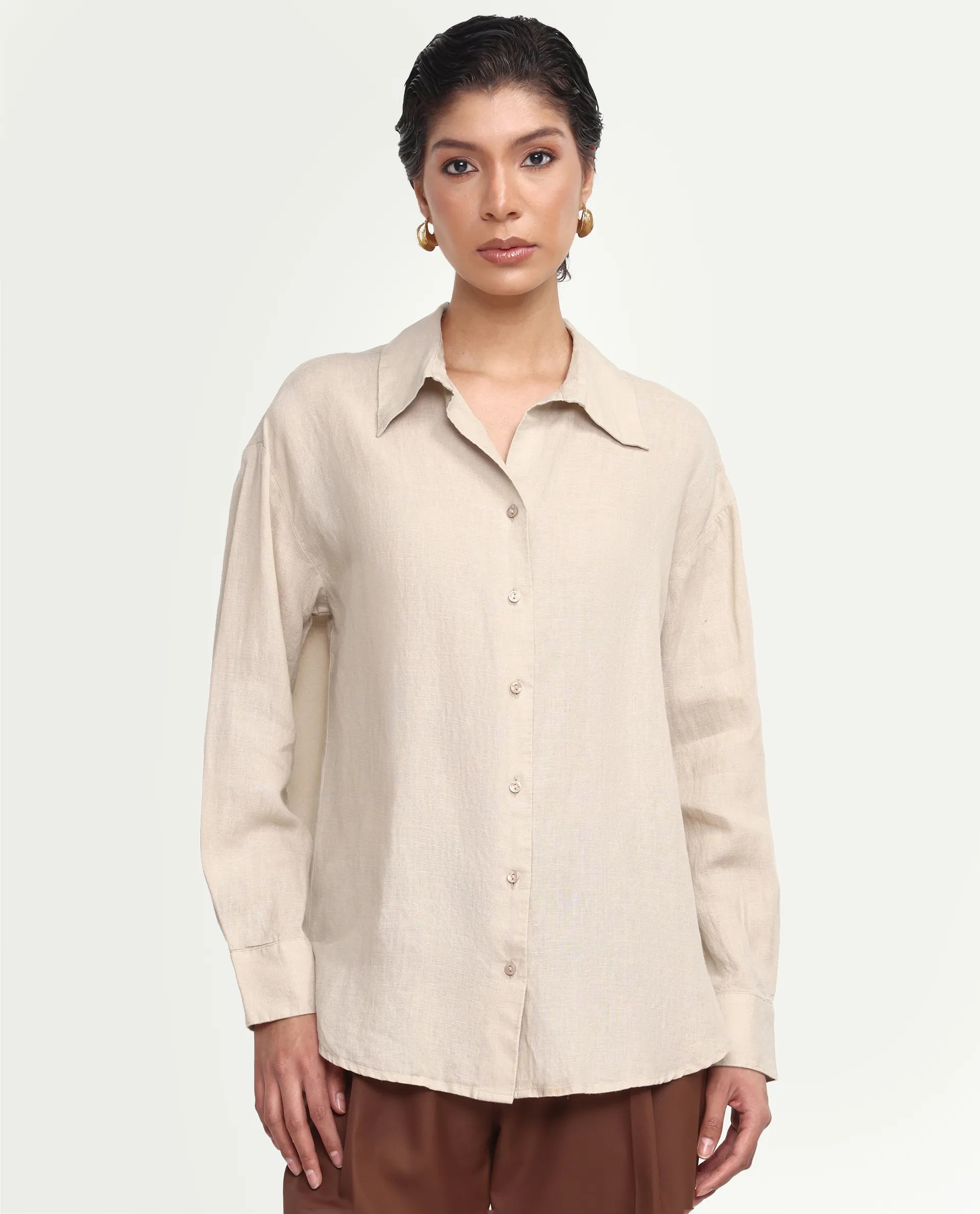 Rareism Women's Uganda Beige Linen Fabric Spread Collar Regular Plain Shirt