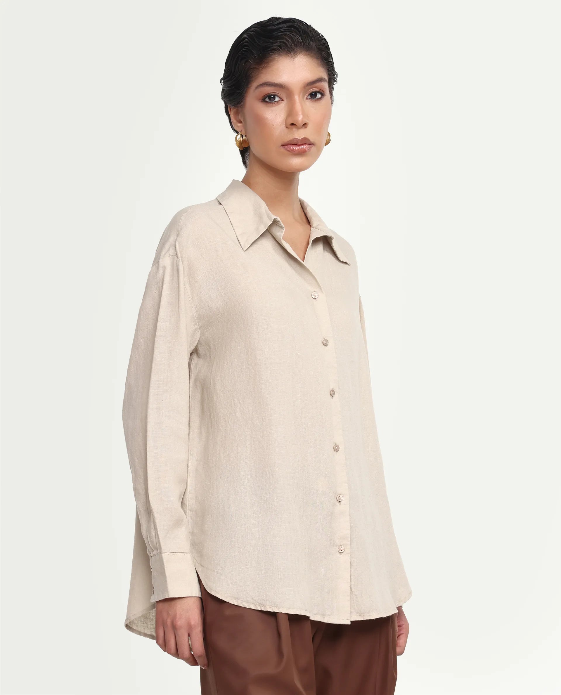 Rareism Women's Uganda Beige Linen Fabric Spread Collar Regular Plain Shirt