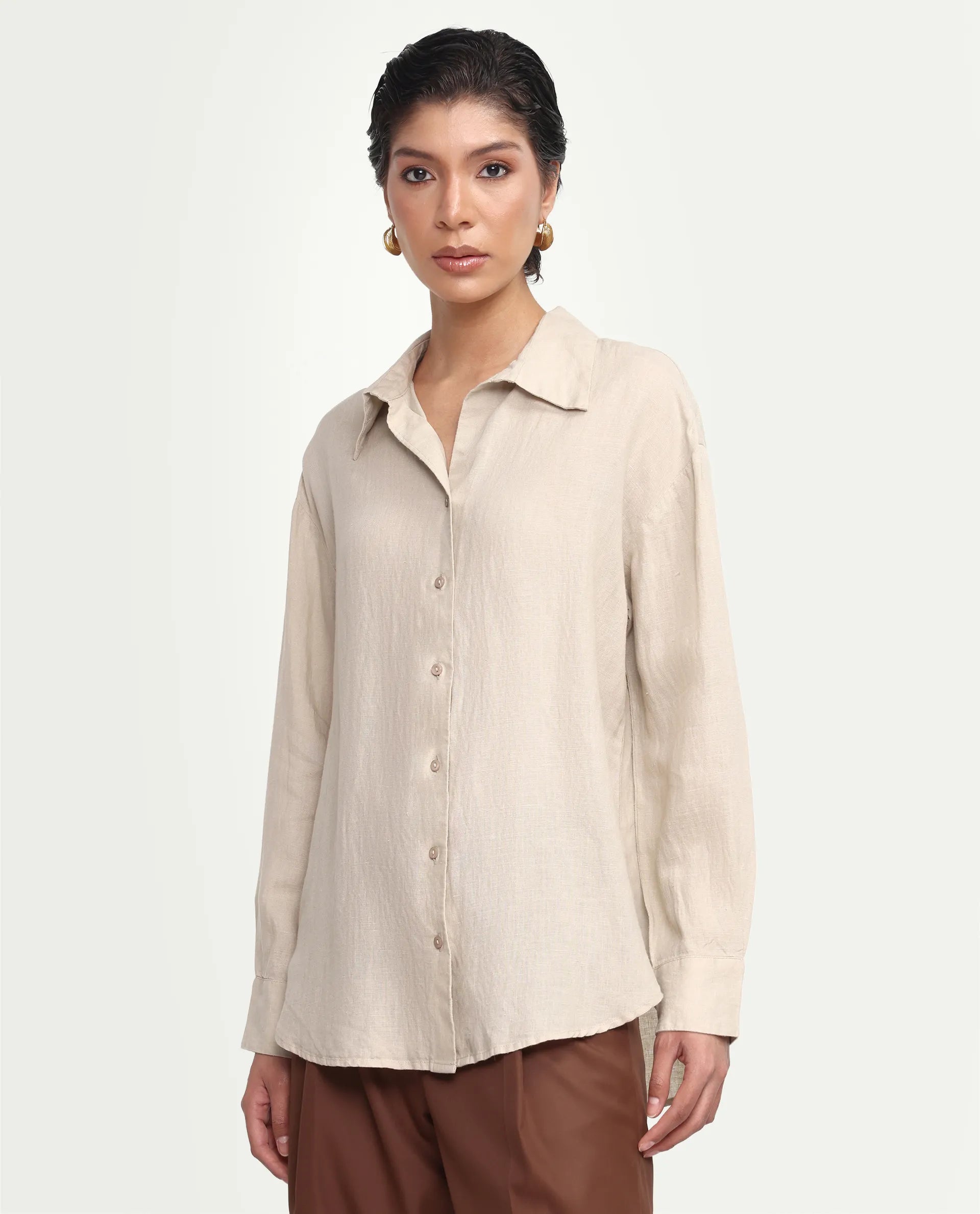 Rareism Women's Uganda Beige Linen Fabric Spread Collar Regular Plain Shirt