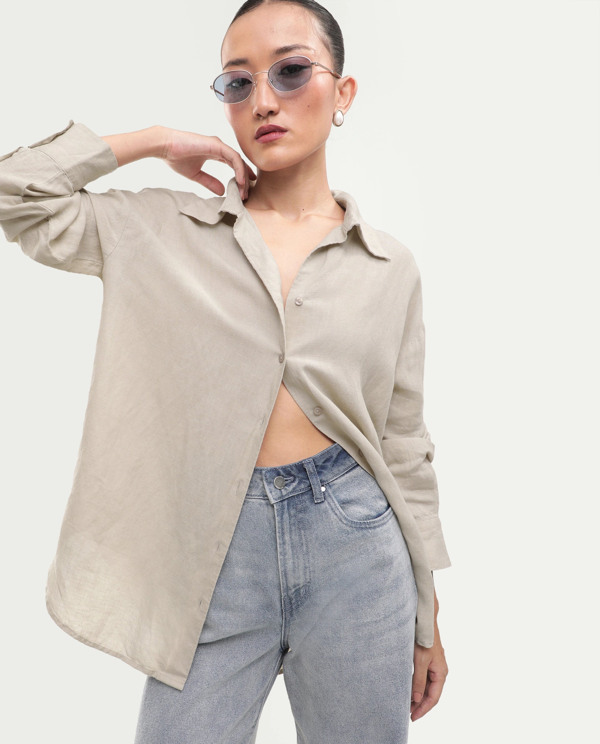 Rareism Women's Uganda Beige Linen Fabric Spread Collar Regular Plain Shirt