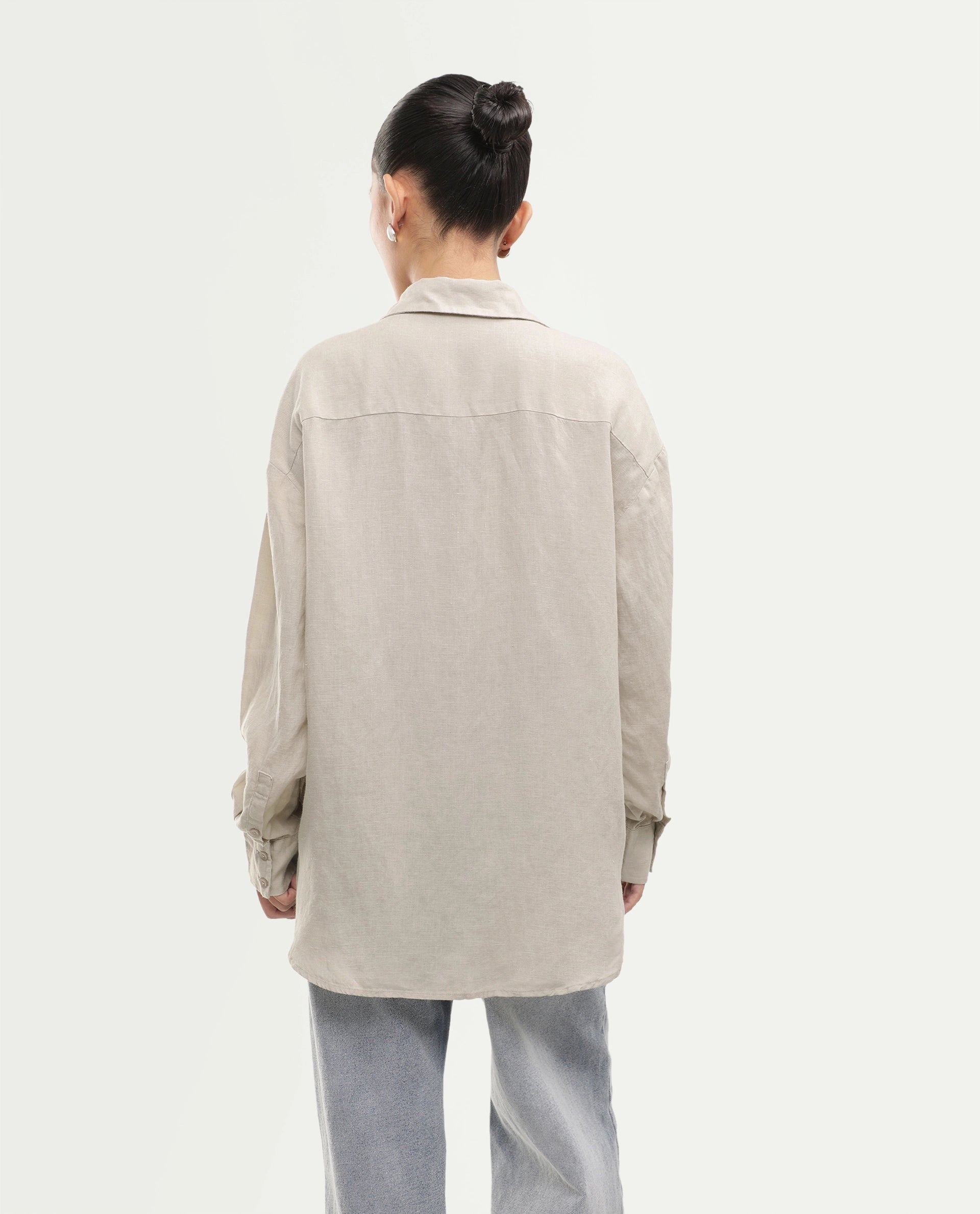 Rareism Women's Uganda Beige Linen Fabric Spread Collar Regular Plain Shirt