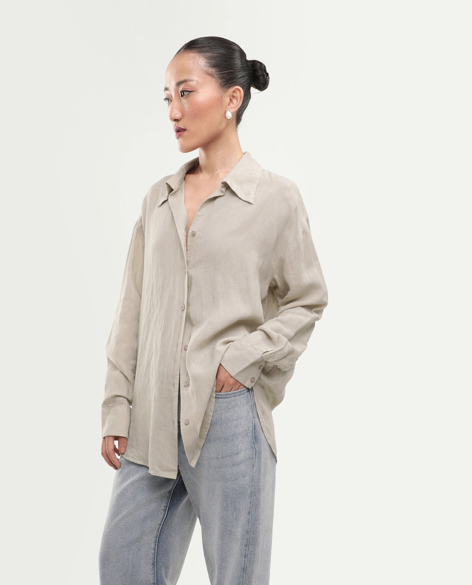 Rareism Women's Uganda Beige Linen Fabric Spread Collar Regular Plain Shirt