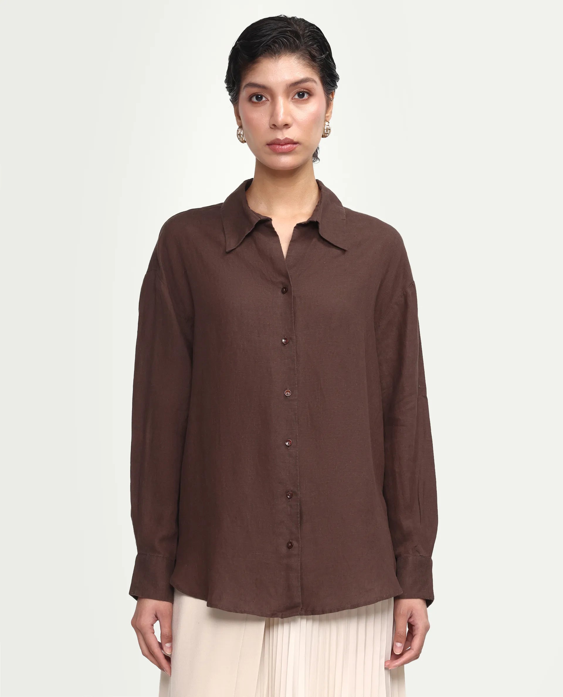 Rareism Women's Uganda Brown Linen Fabric Spread Collar Regular Plain Shirt