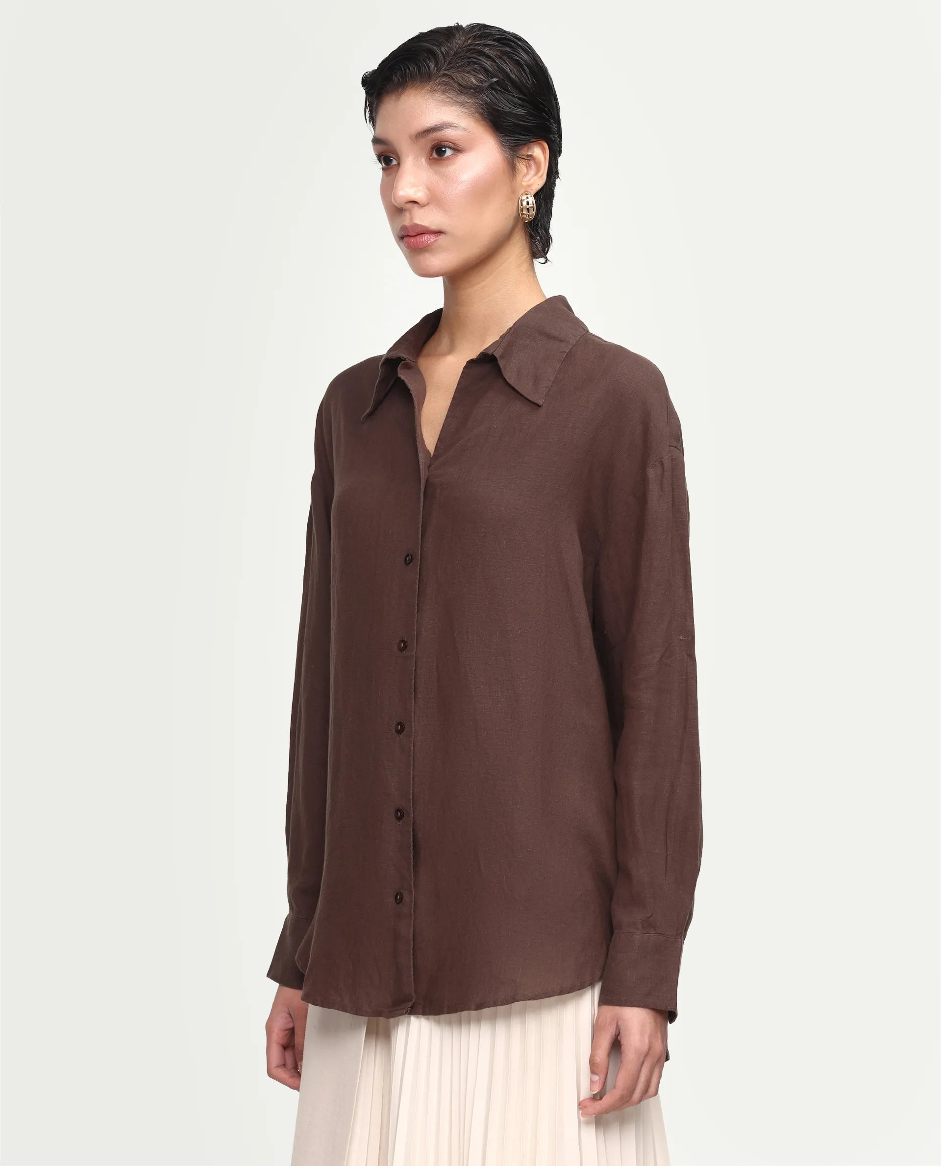 Rareism Women's Uganda Brown Linen Fabric Spread Collar Regular Plain Shirt