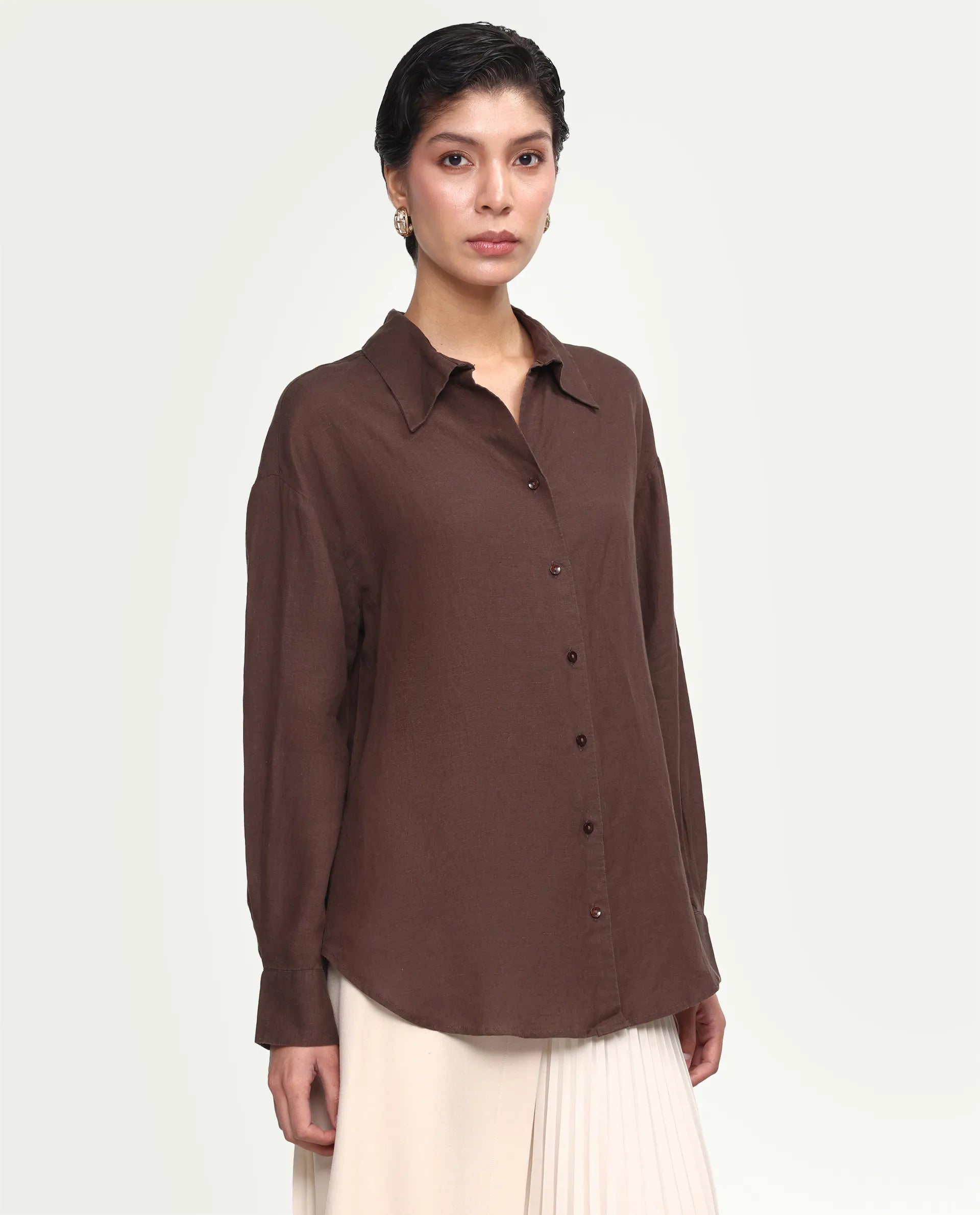 Rareism Women's Uganda Brown Linen Fabric Spread Collar Regular Plain Shirt