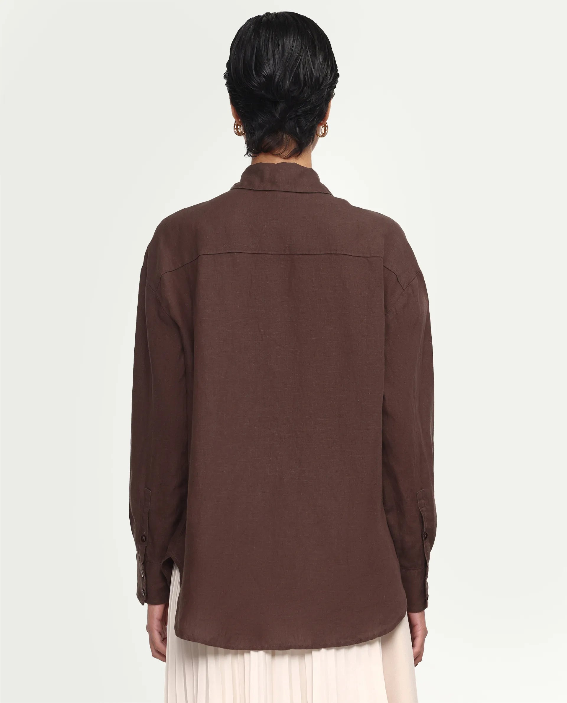 Rareism Women's Uganda Brown Linen Fabric Spread Collar Regular Plain Shirt