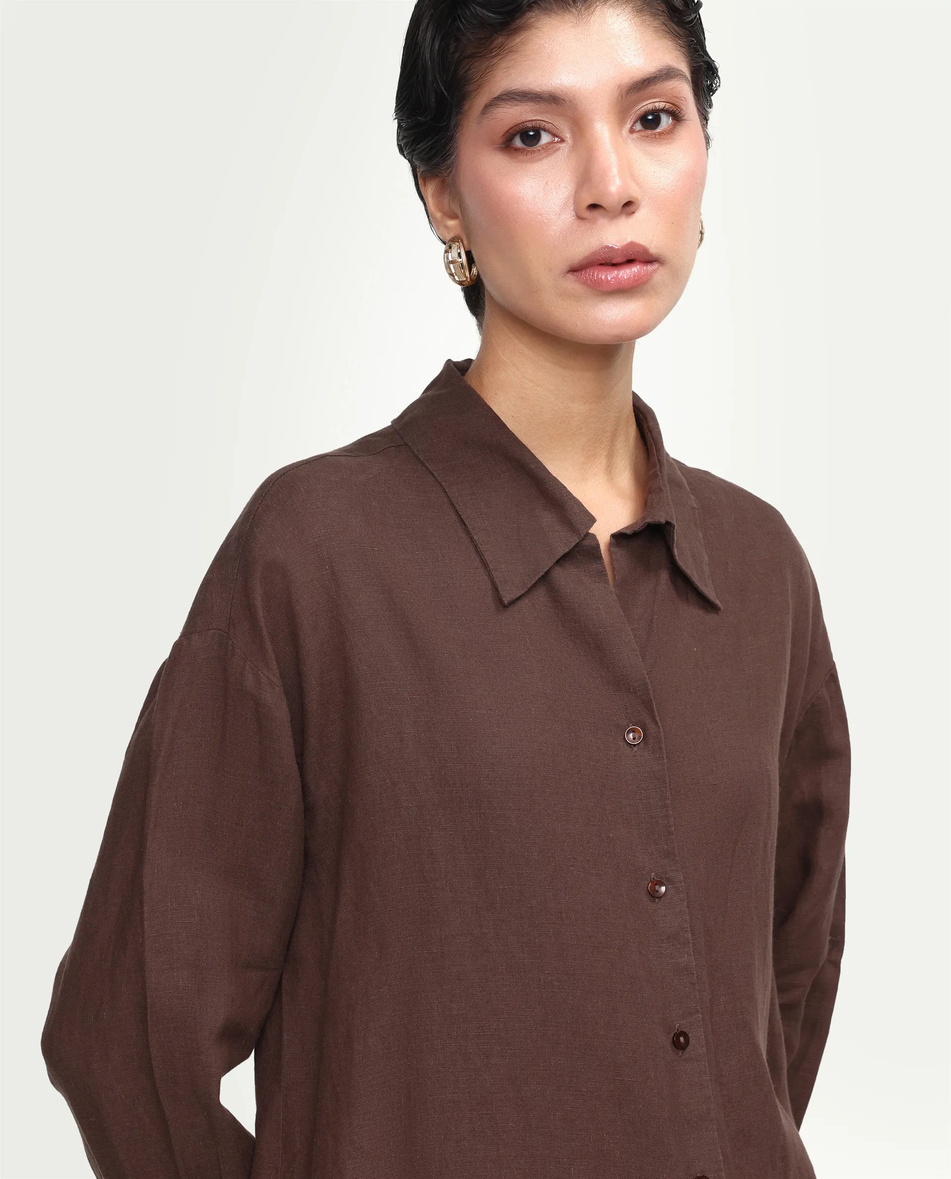 Rareism Women's Uganda Brown Linen Fabric Spread Collar Regular Plain Shirt