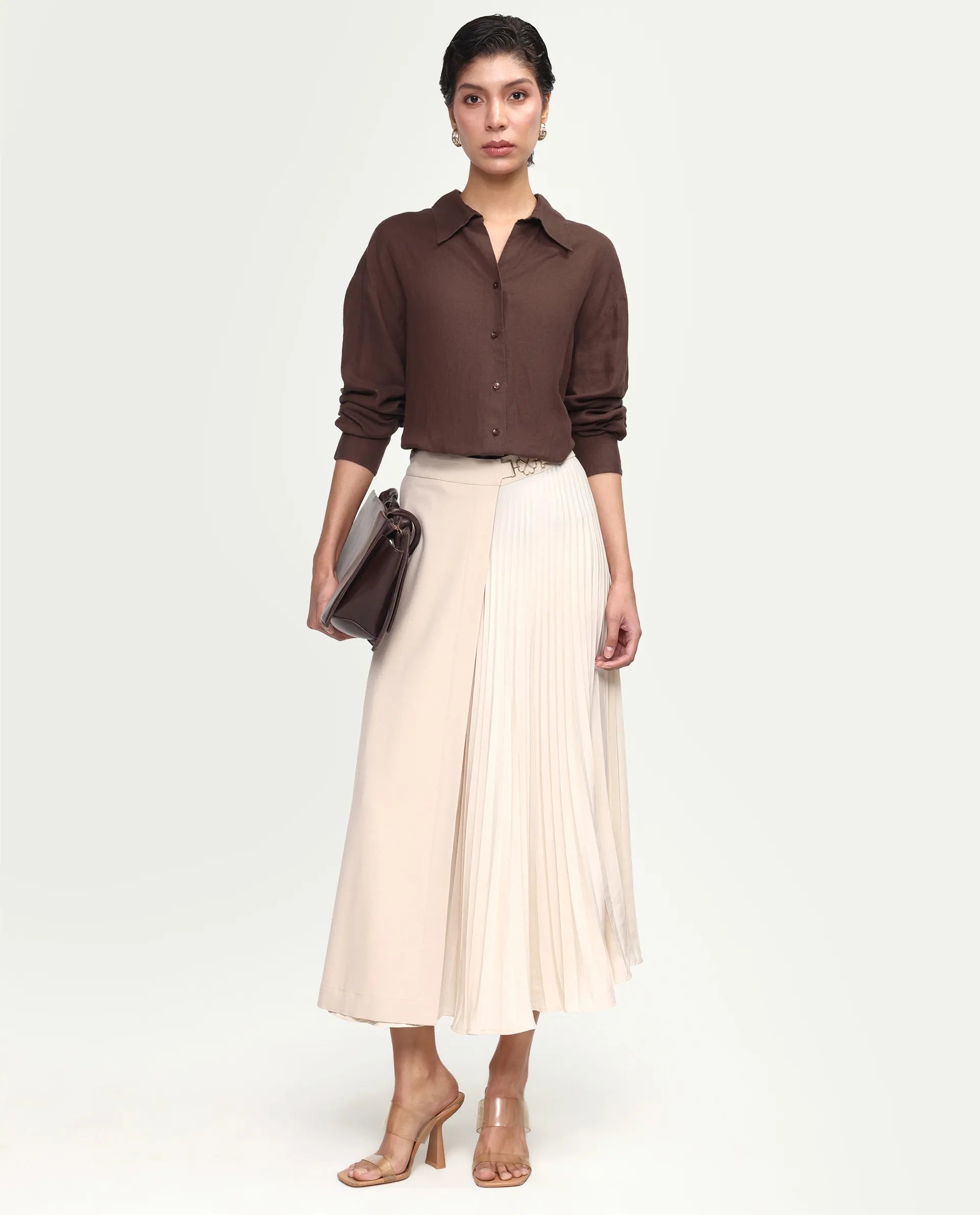 Rareism Women's Uganda Brown Linen Fabric Spread Collar Regular Plain Shirt