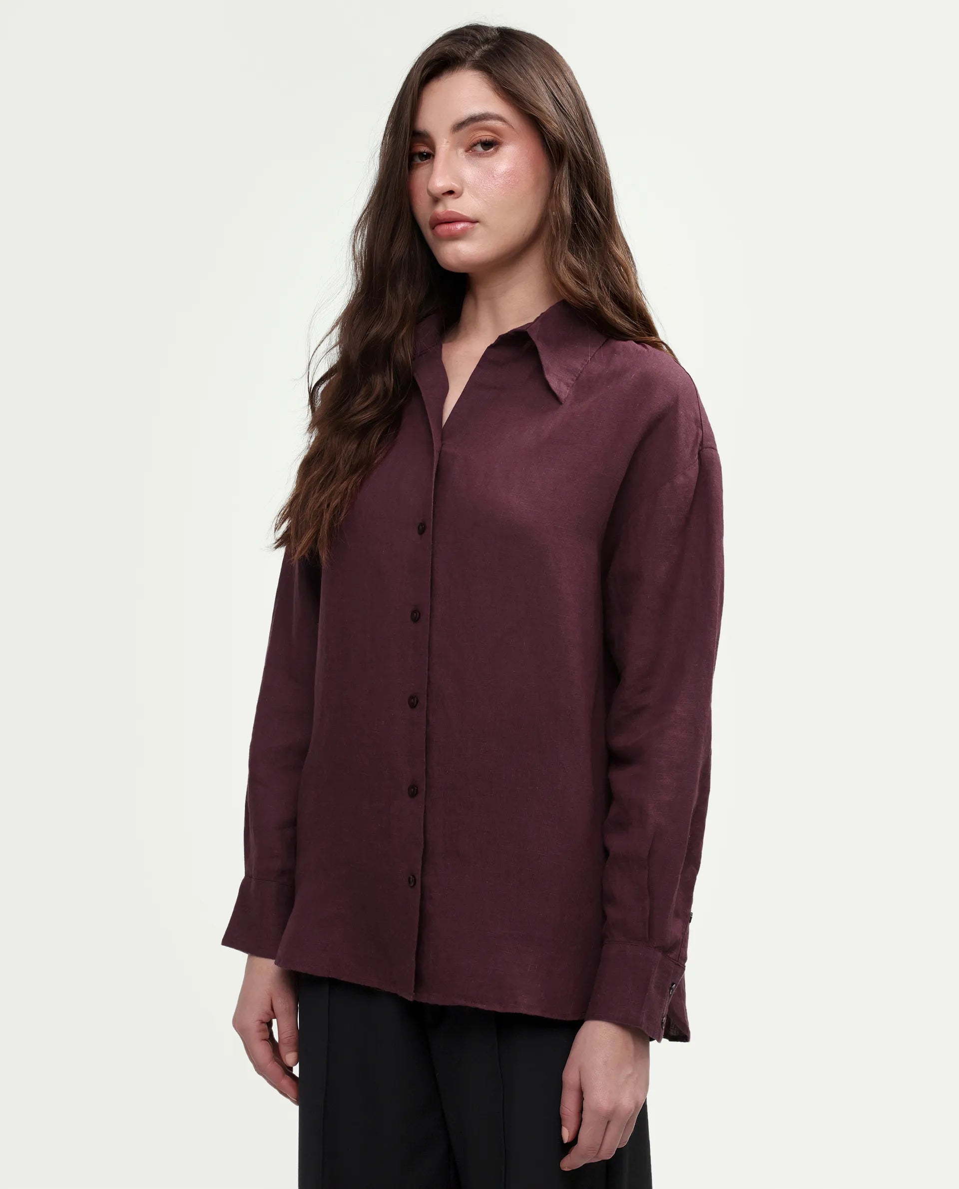 Rareism Women's Uganda Maroon Linen Spread Collar Regular Plain Shirt
