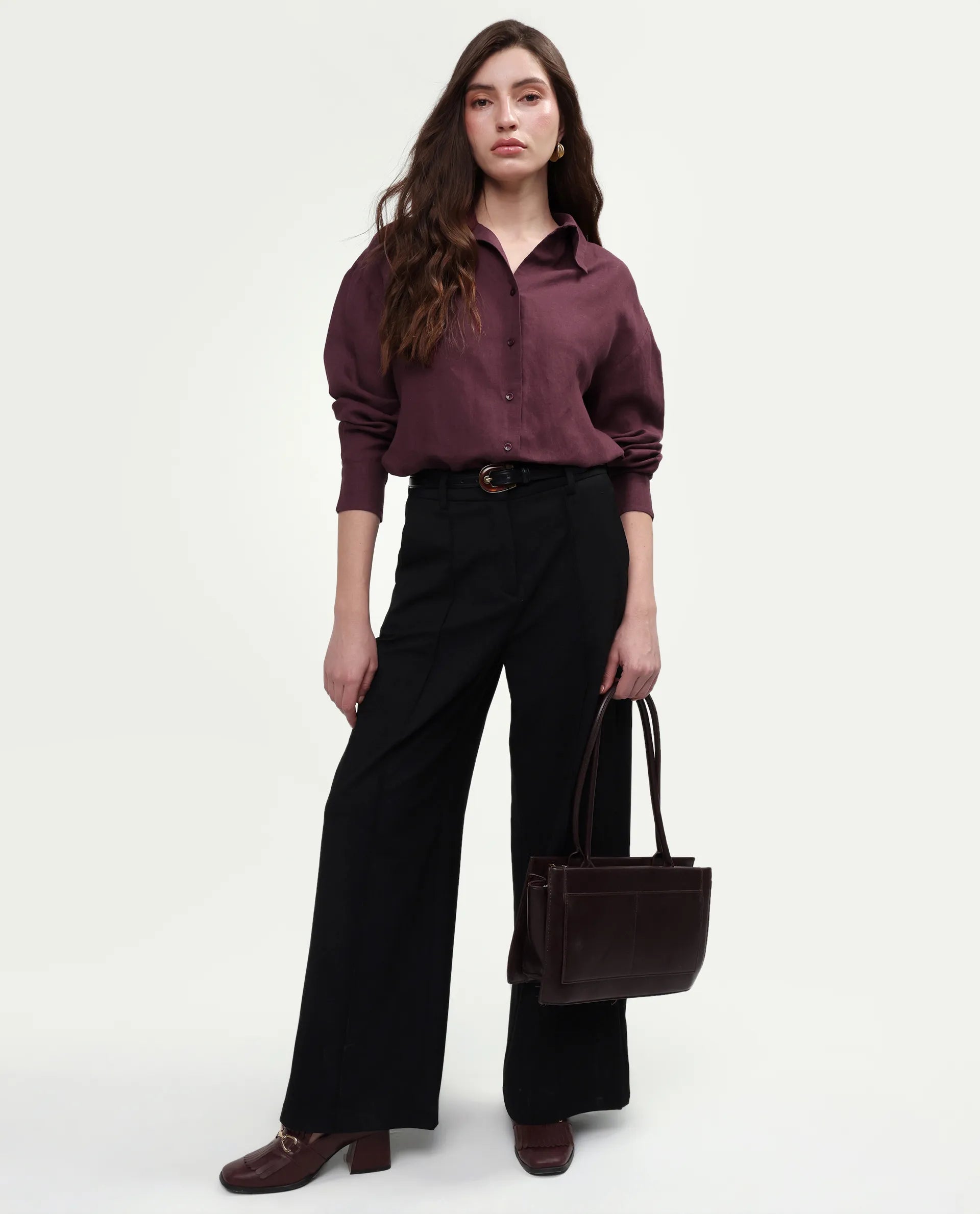 Rareism Women's Uganda Maroon Linen Spread Collar Regular Plain Shirt