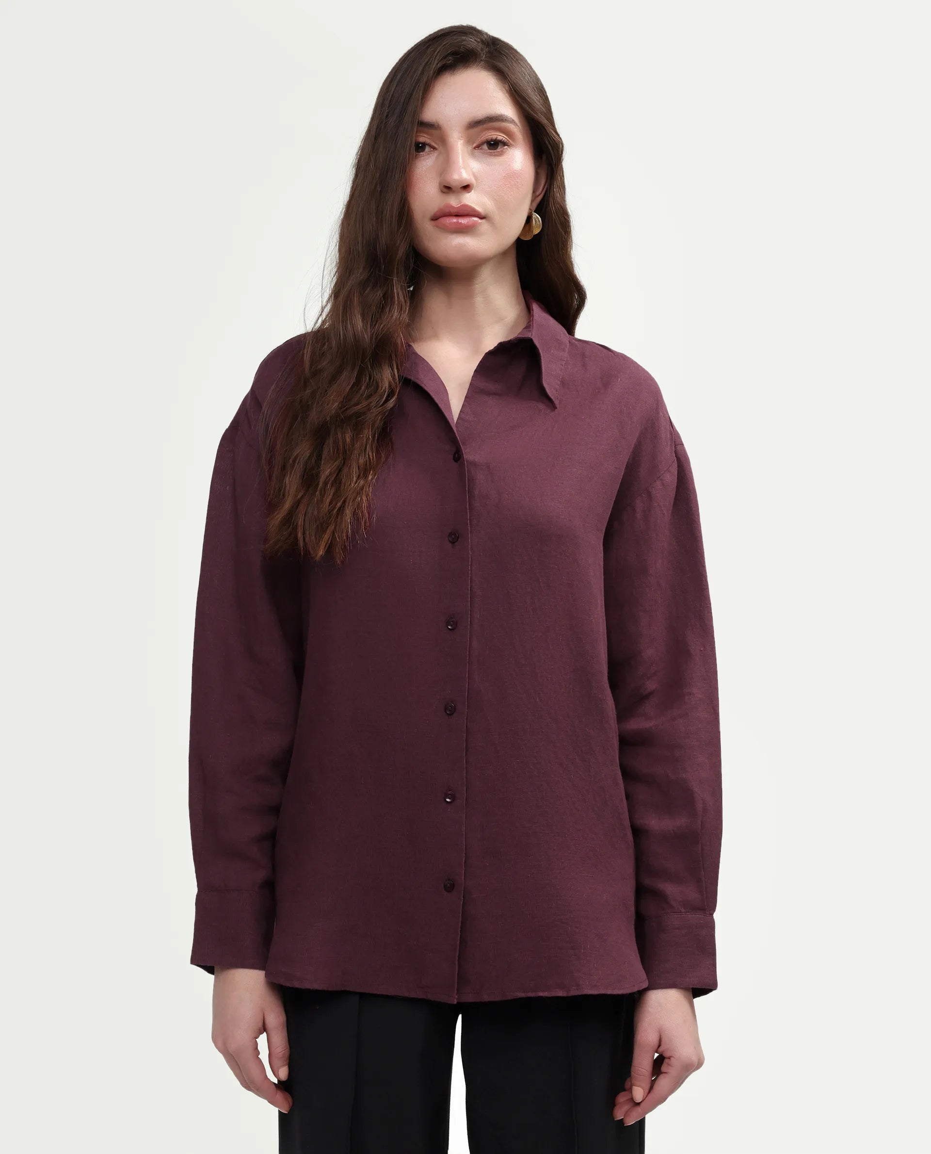 Rareism Women's Uganda Maroon Linen Spread Collar Regular Plain Shirt