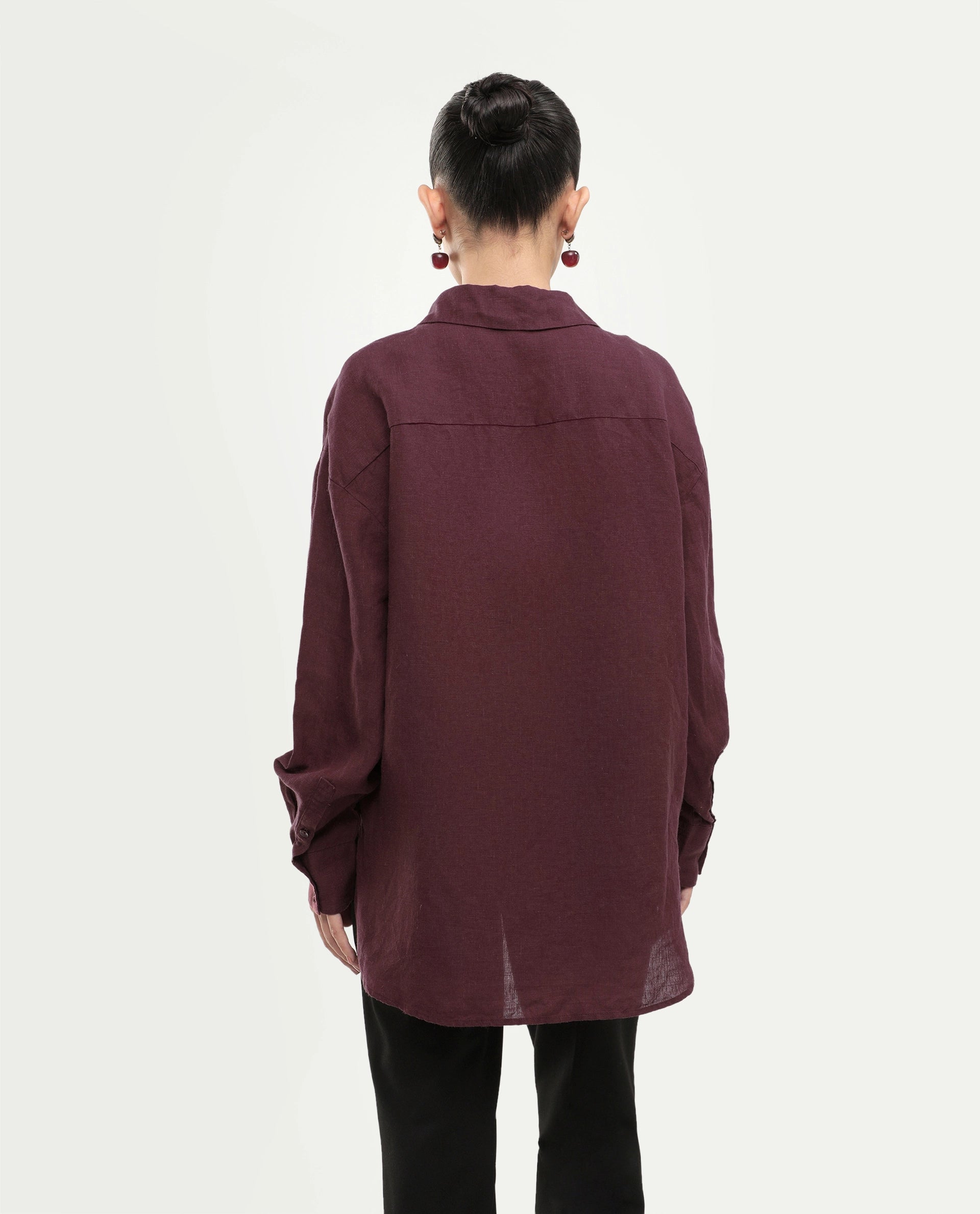 Rareism Women's Uganda Maroon Linen Spread Collar Regular Plain Shirt