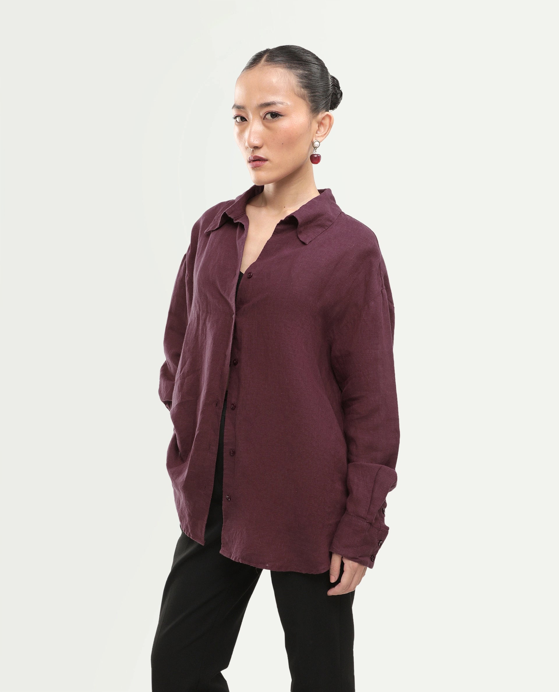 Rareism Women's Uganda Maroon Linen Spread Collar Regular Plain Shirt