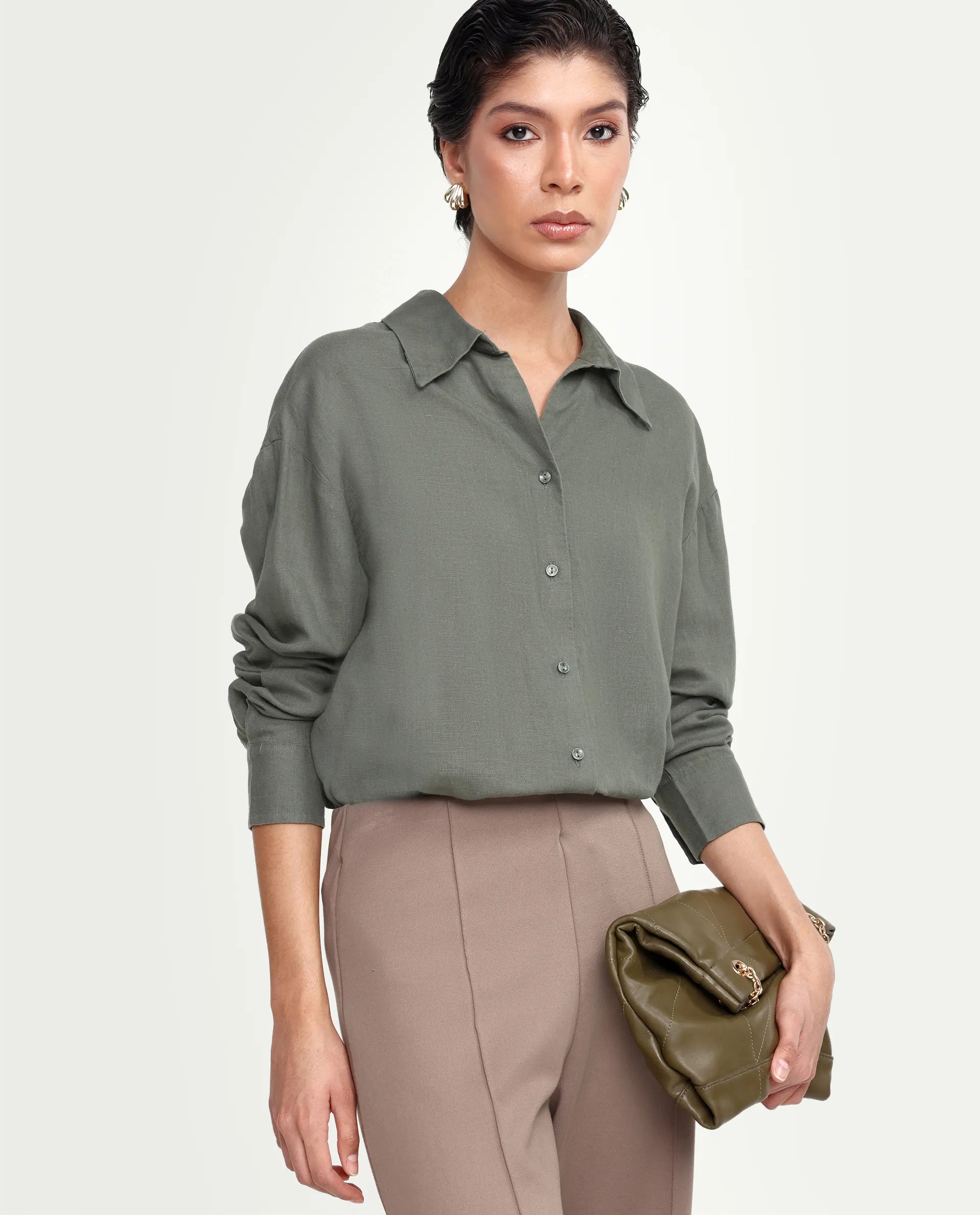 Rareism Women's Uganda Dusky Green Linen Fabric Spread Collar Regular Plain Shirt
