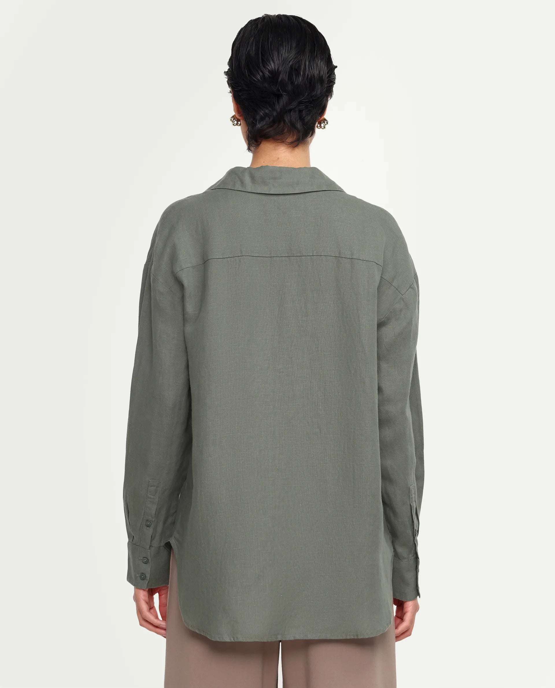 Rareism Women's Uganda Dusky Green Linen Fabric Spread Collar Regular Plain Shirt