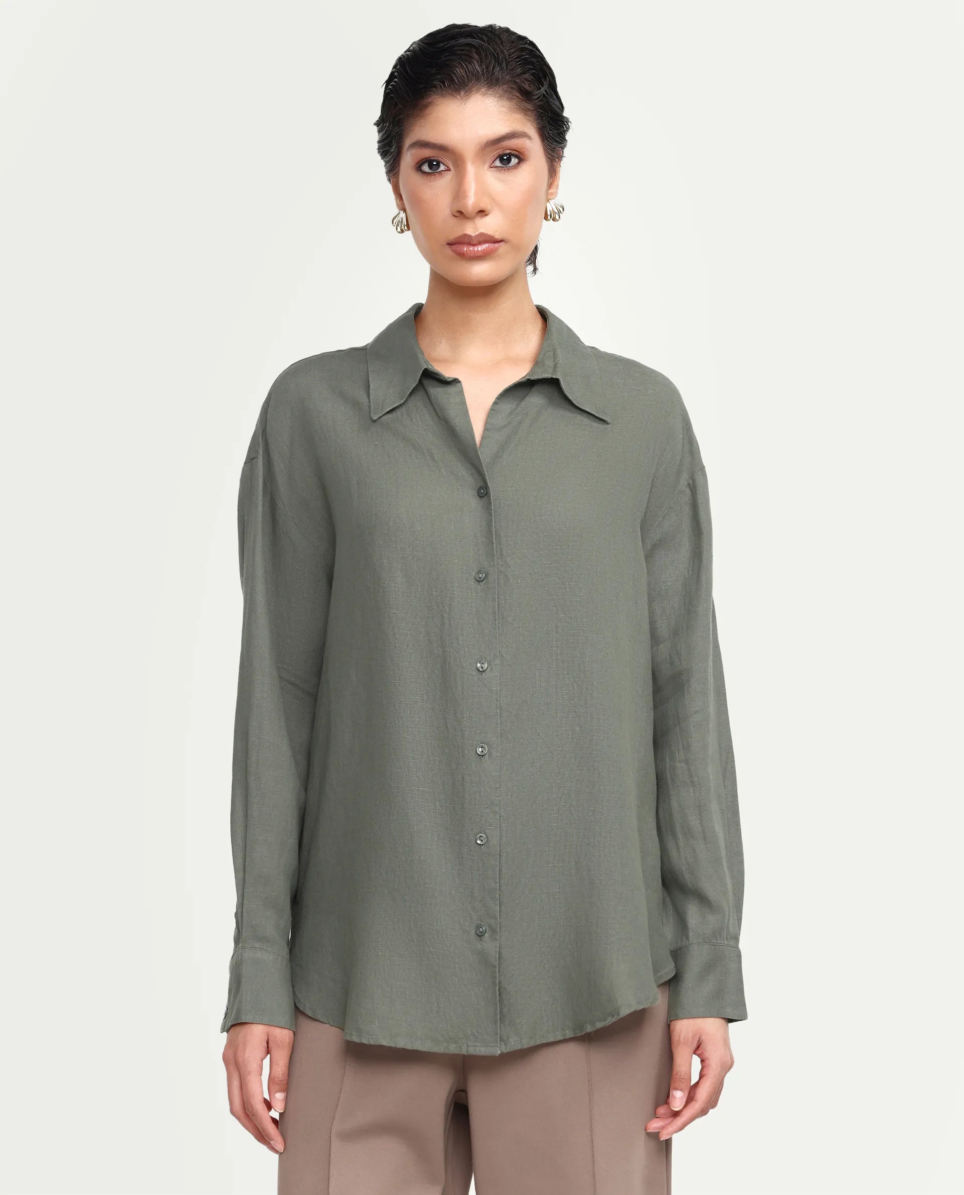 Rareism Women's Uganda Dusky Green Linen Fabric Spread Collar Regular Plain Shirt
