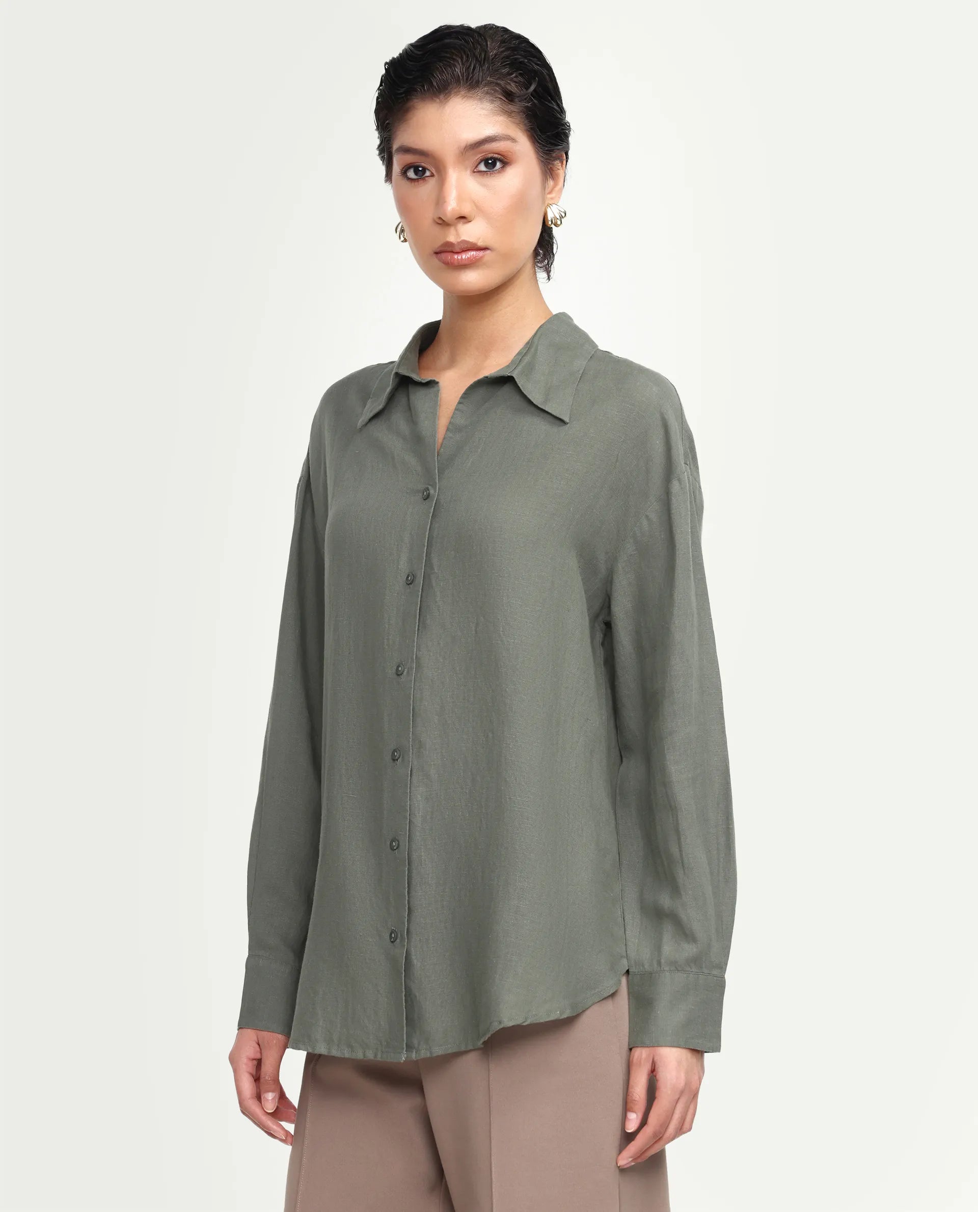 Rareism Women's Uganda Dusky Green Linen Fabric Spread Collar Regular Plain Shirt