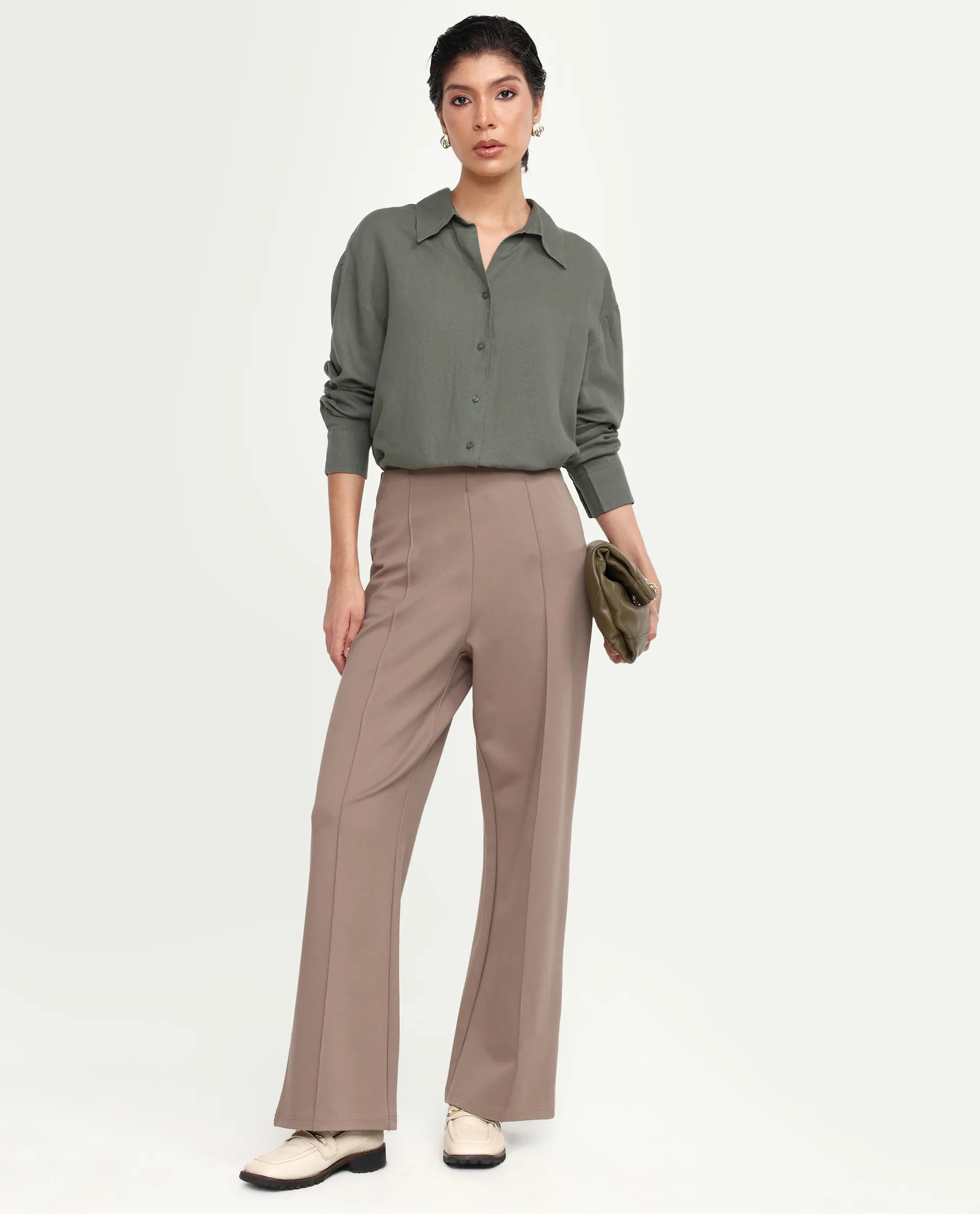 Rareism Women's Uganda Dusky Green Linen Fabric Spread Collar Regular Plain Shirt
