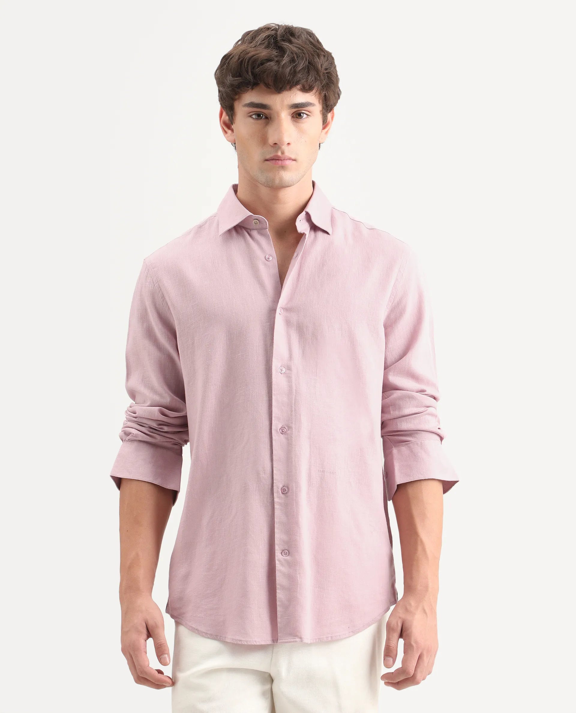 Rare Rabbit Men's Lewan-Ls Light Pink Linen Blend Spread Collar Regular Plain Shirt