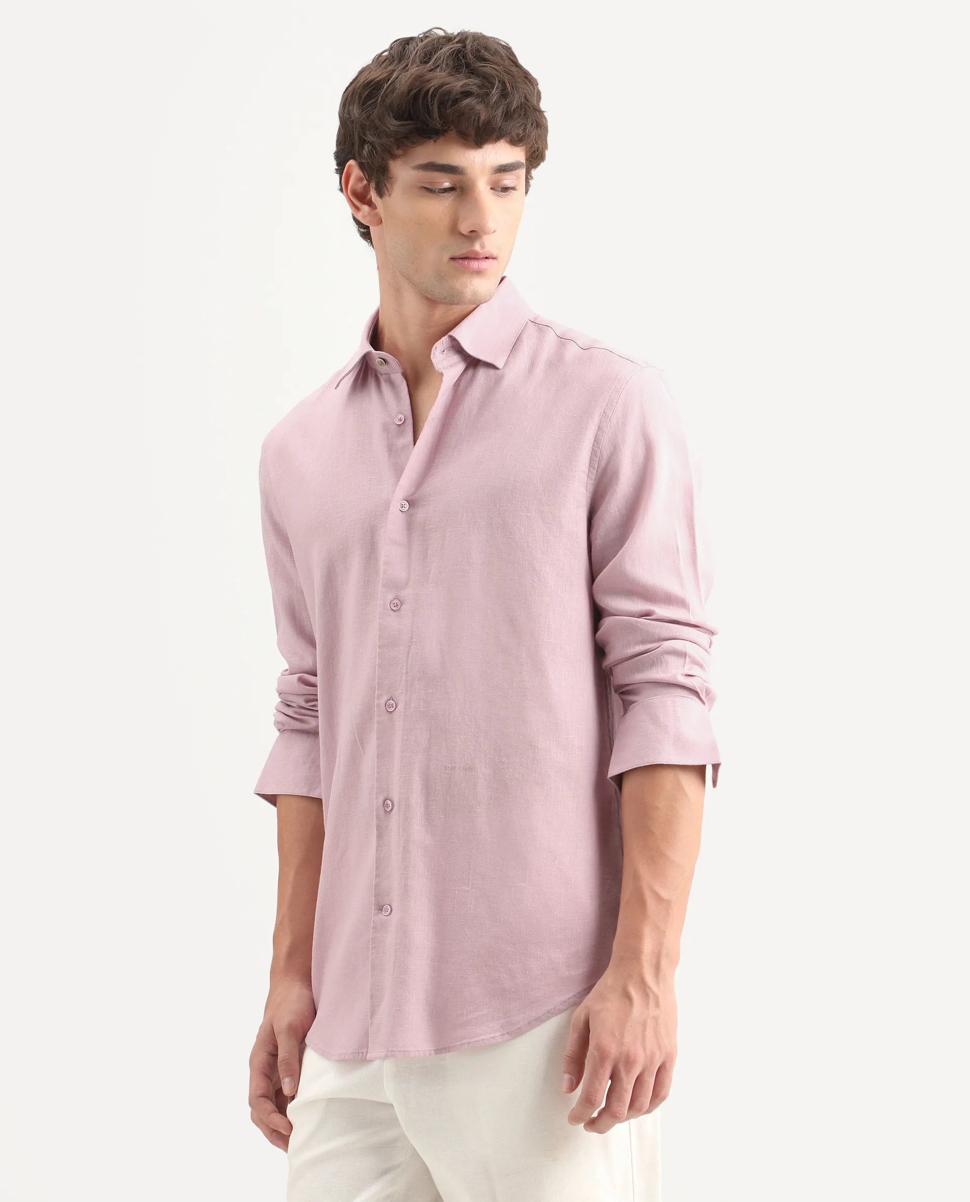 Rare Rabbit Men's Lewan-Ls Light Pink Linen Blend Spread Collar Regular Plain Shirt