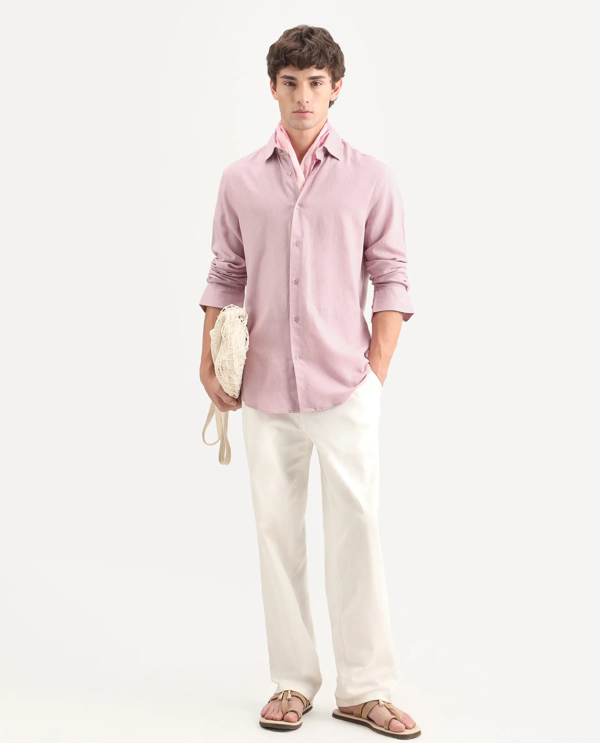 Rare Rabbit Men's Lewan-Ls Light Pink Linen Blend Spread Collar Regular Plain Shirt