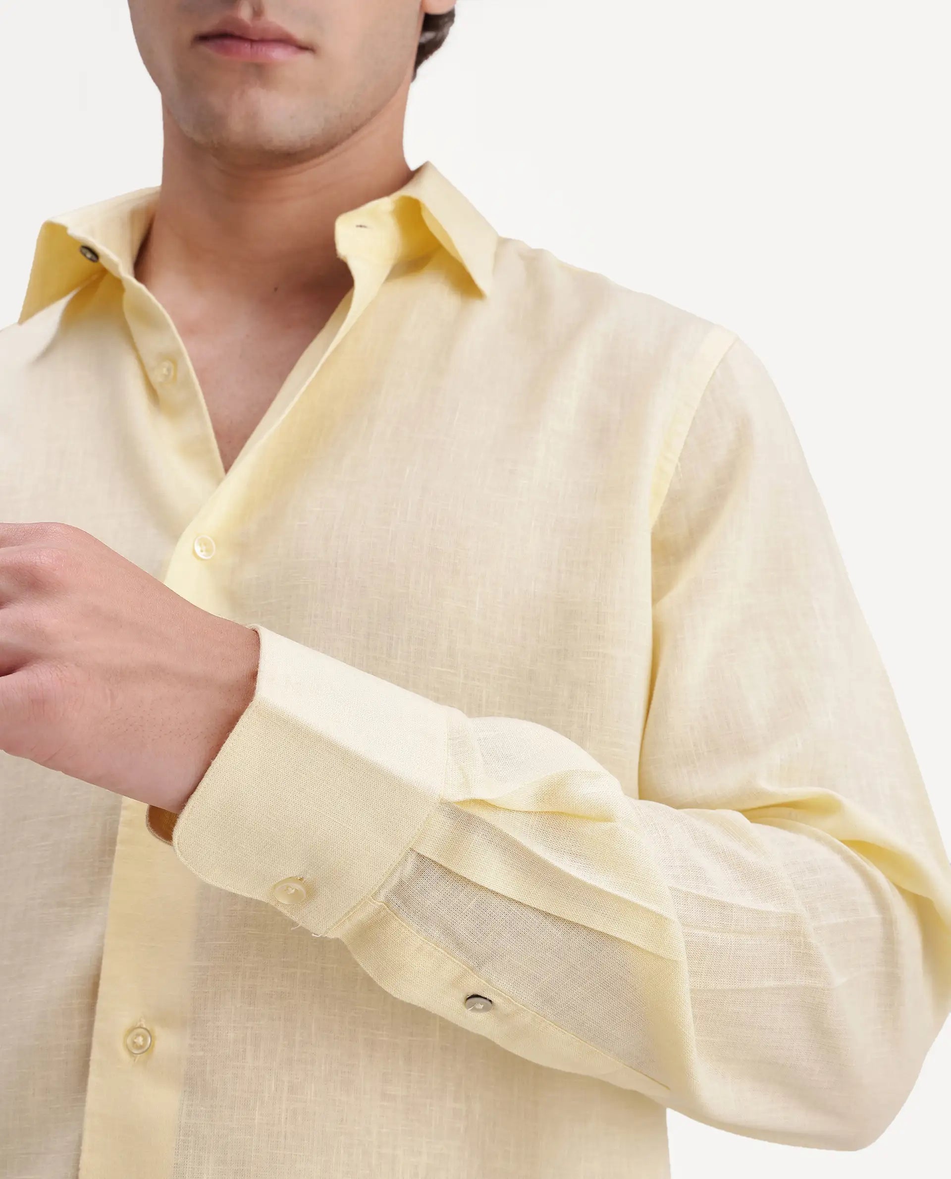 Rare Rabbit Men's Lewan-Ls Light Yellow Linen Blend Spread Collar Regular Plain Shirt