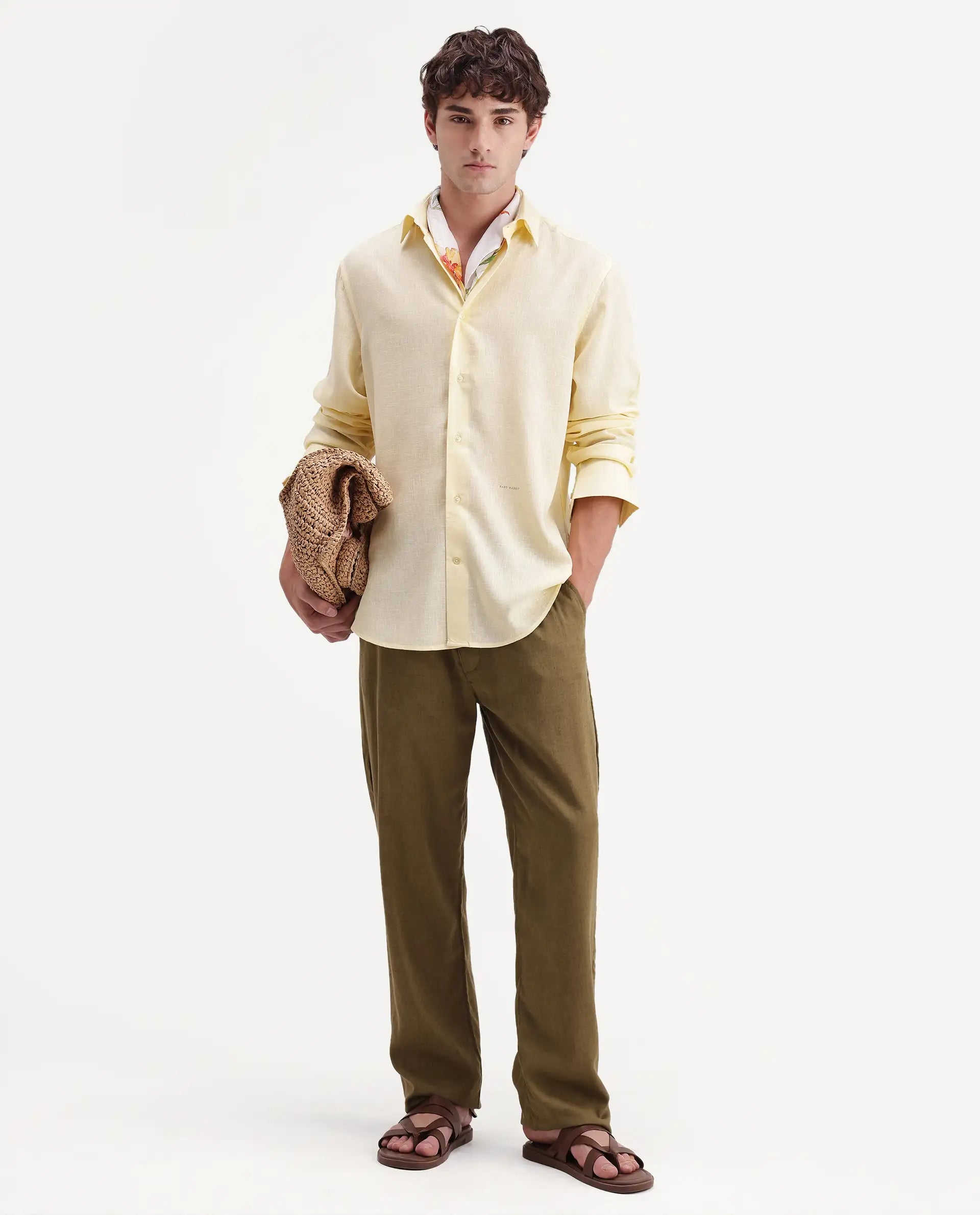 Rare Rabbit Men's Lewan-Ls Light Yellow Linen Blend Spread Collar Regular Plain Shirt