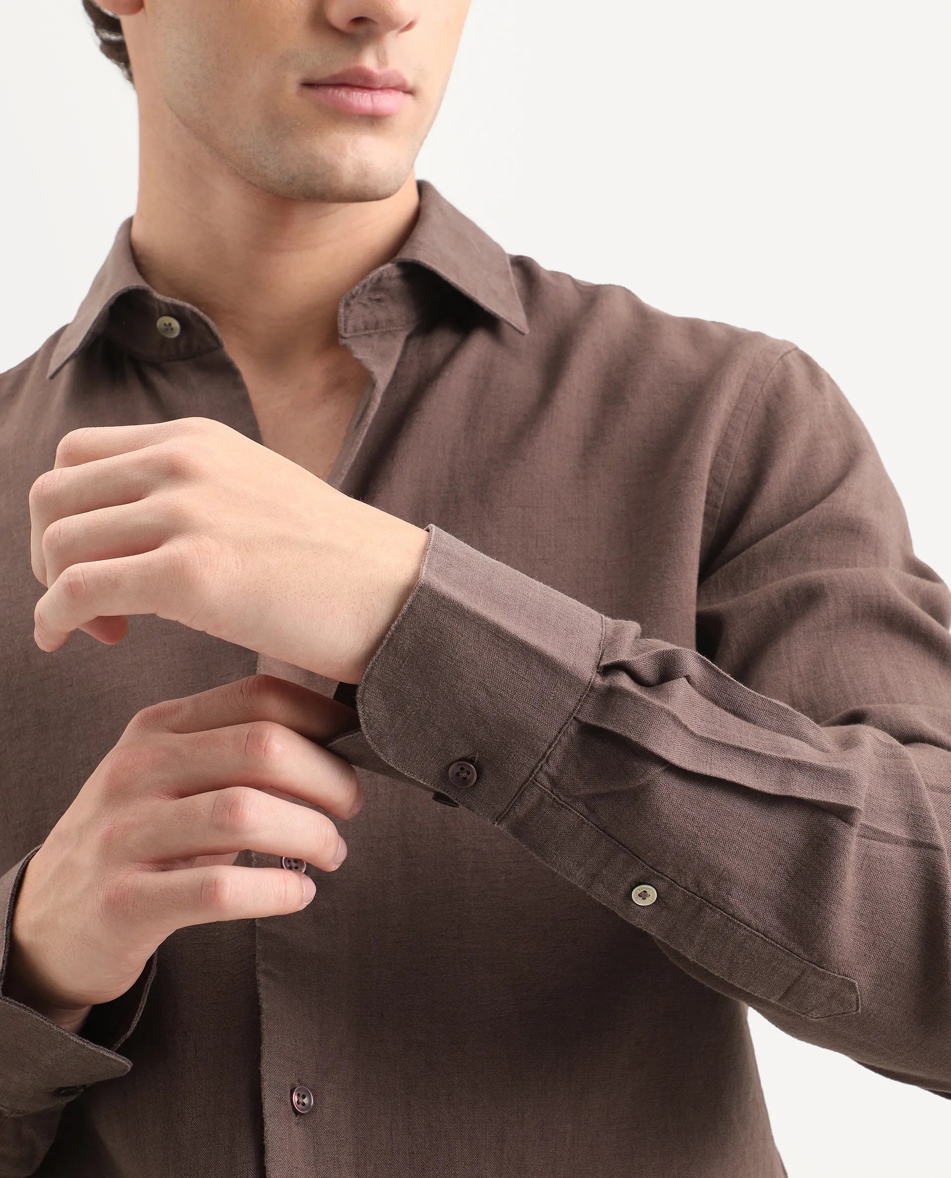 Rare Rabbit Men's Lewan-Ls Dark Brown Linen Blend Spread Collar Regular Plain Shirt