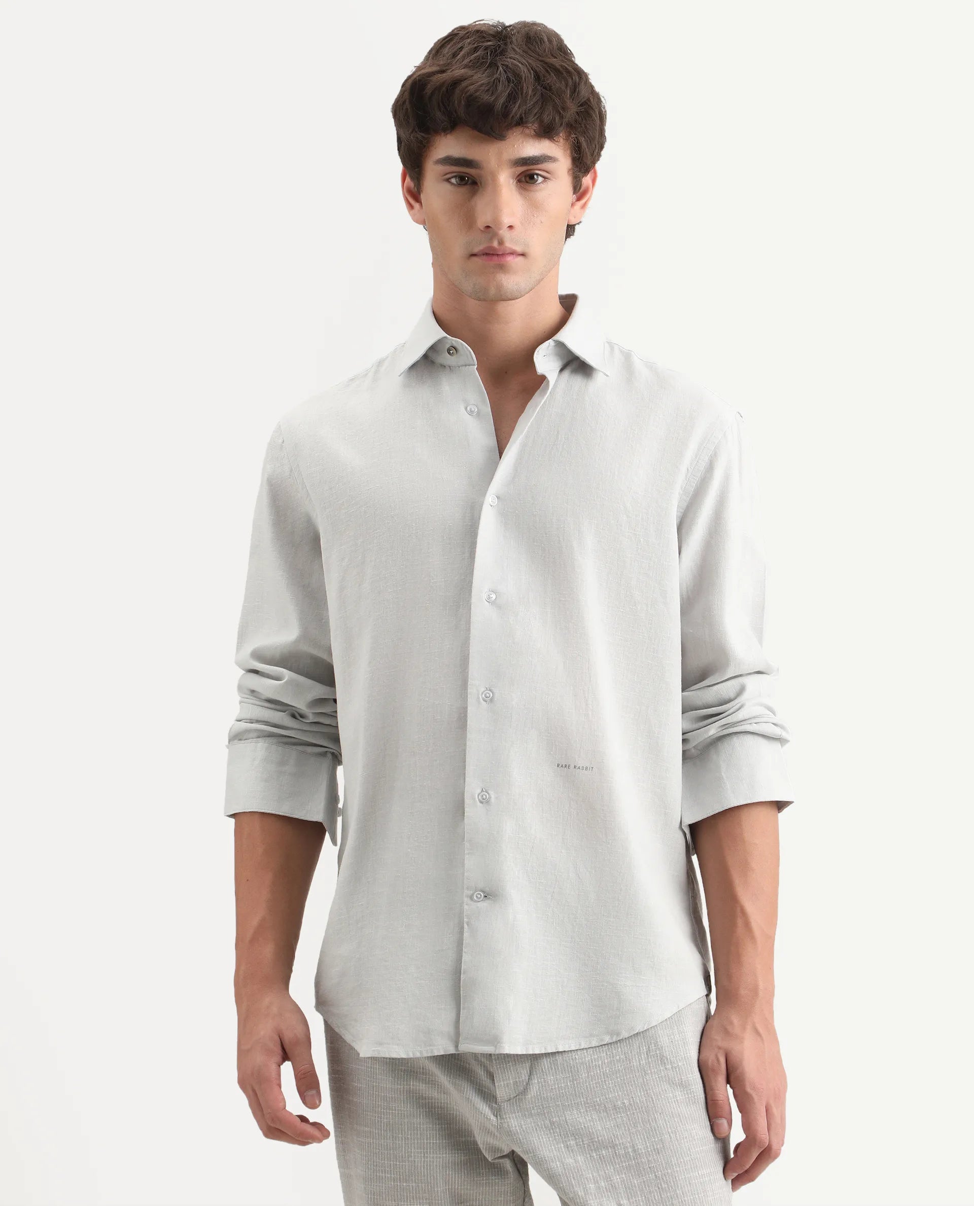 Rare Rabbit Men's Lewan-Ls Dusky Blue Linen Blend Spread Collar Regular Plain Shirt