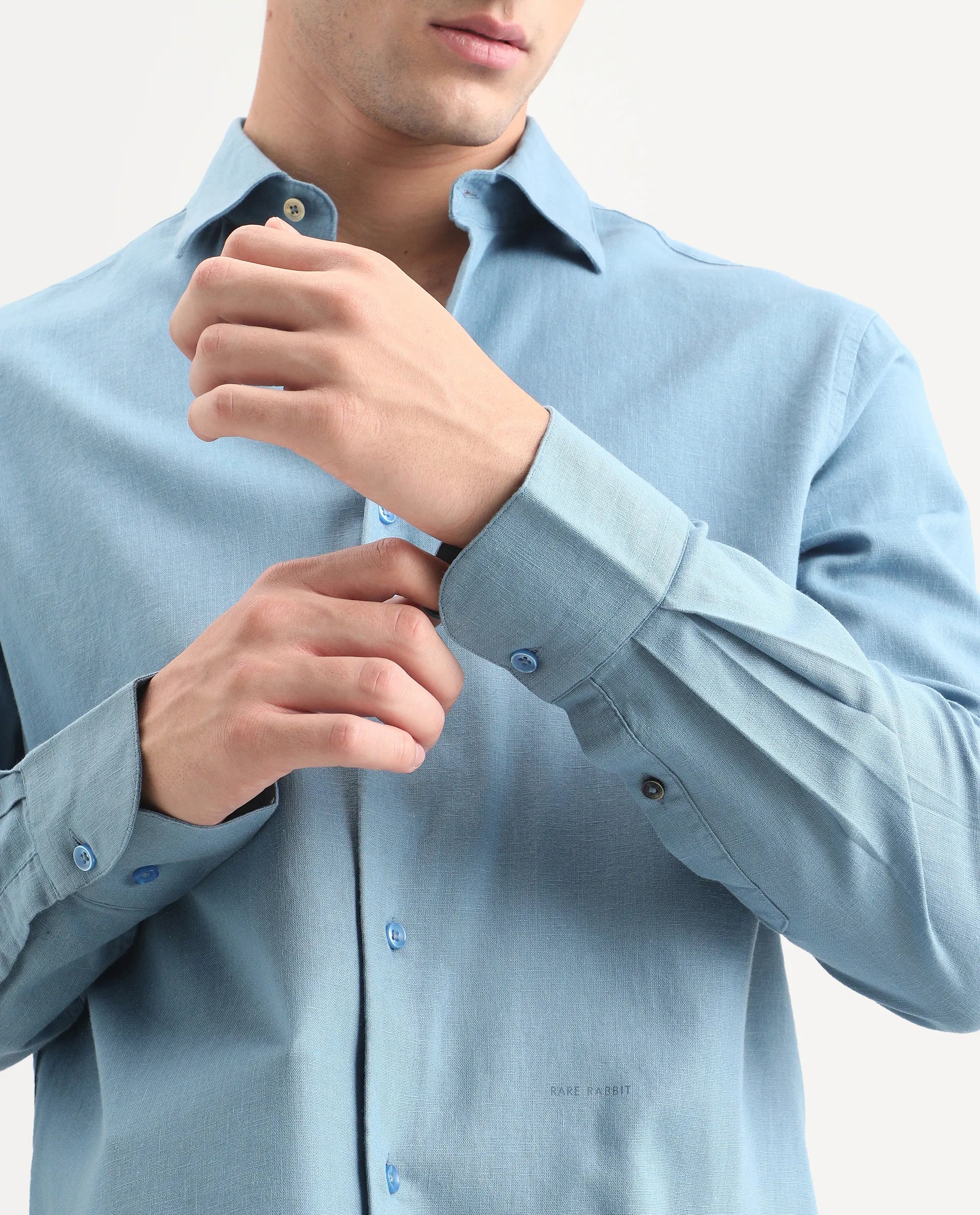 Rare Rabbit Men's Lewan-Ls Primary Blue Linen Blend Spread Collar Regular Plain Shirt