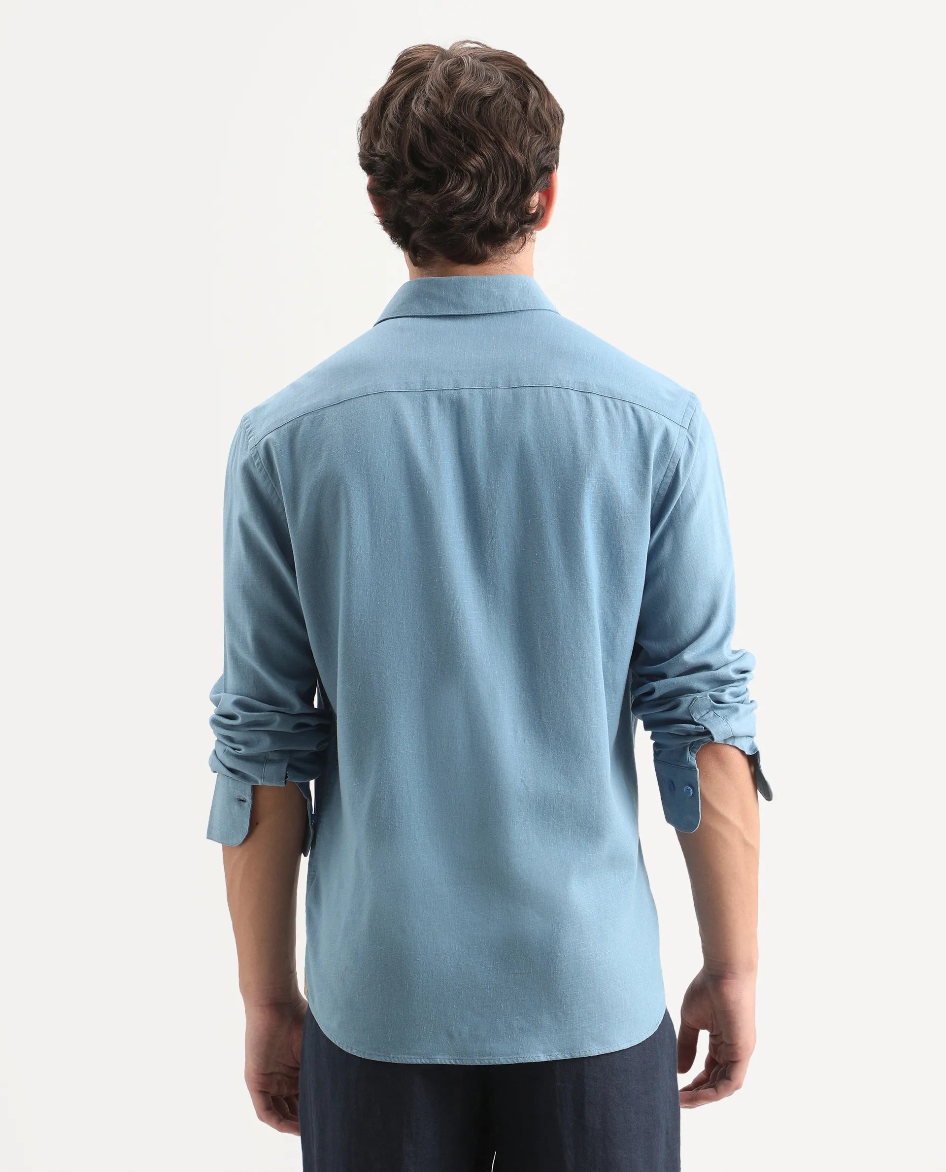Rare Rabbit Men's Lewan-Ls Primary Blue Linen Blend Spread Collar Regular Plain Shirt