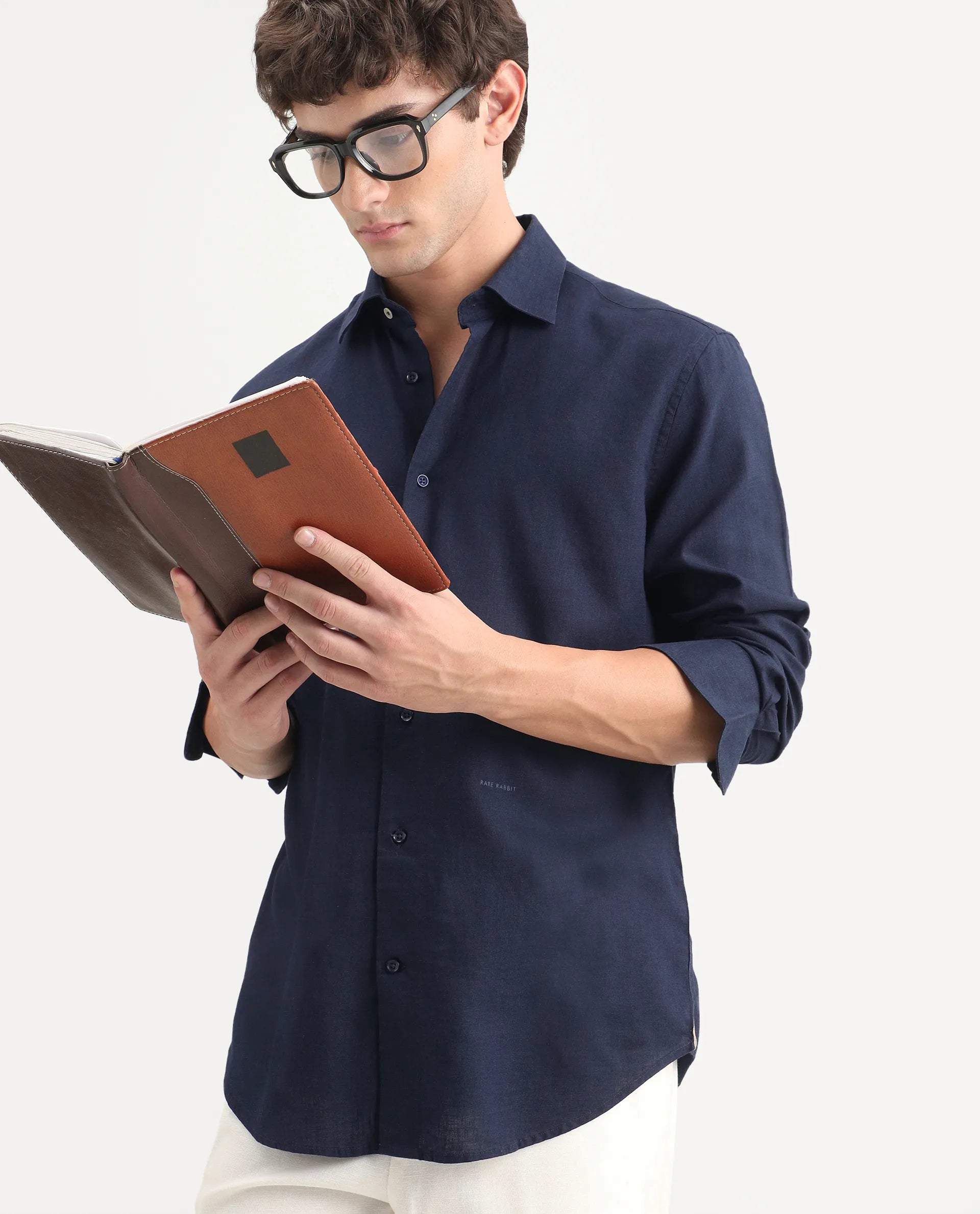 Rare Rabbit Men's Lewan-Ls Navy Linen Blend Spread Collar Regular Plain Shirt