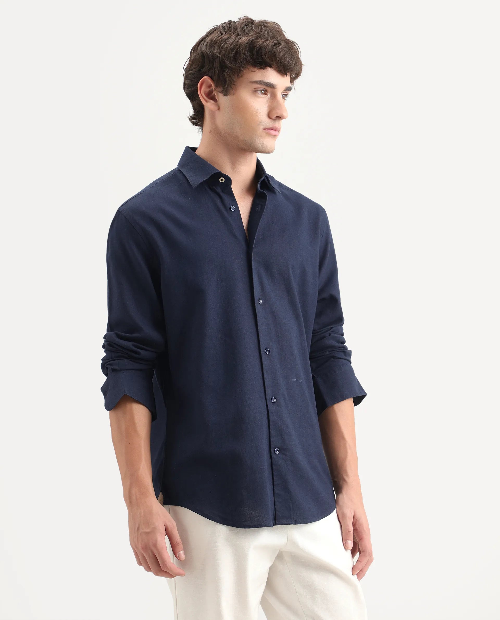 Rare Rabbit Men's Lewan-Ls Navy Linen Blend Spread Collar Regular Plain Shirt
