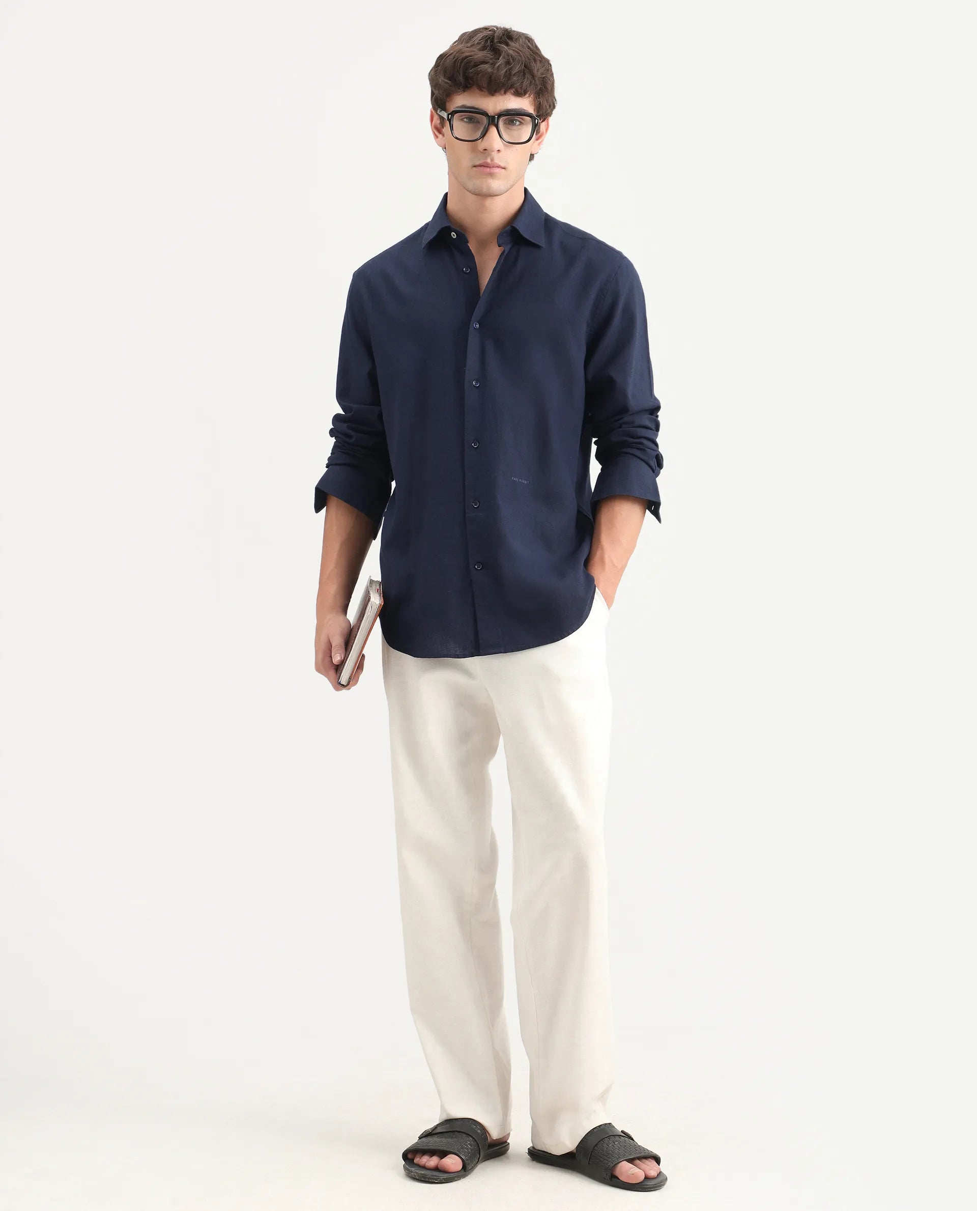Rare Rabbit Men's Lewan-Ls Navy Linen Blend Spread Collar Regular Plain Shirt