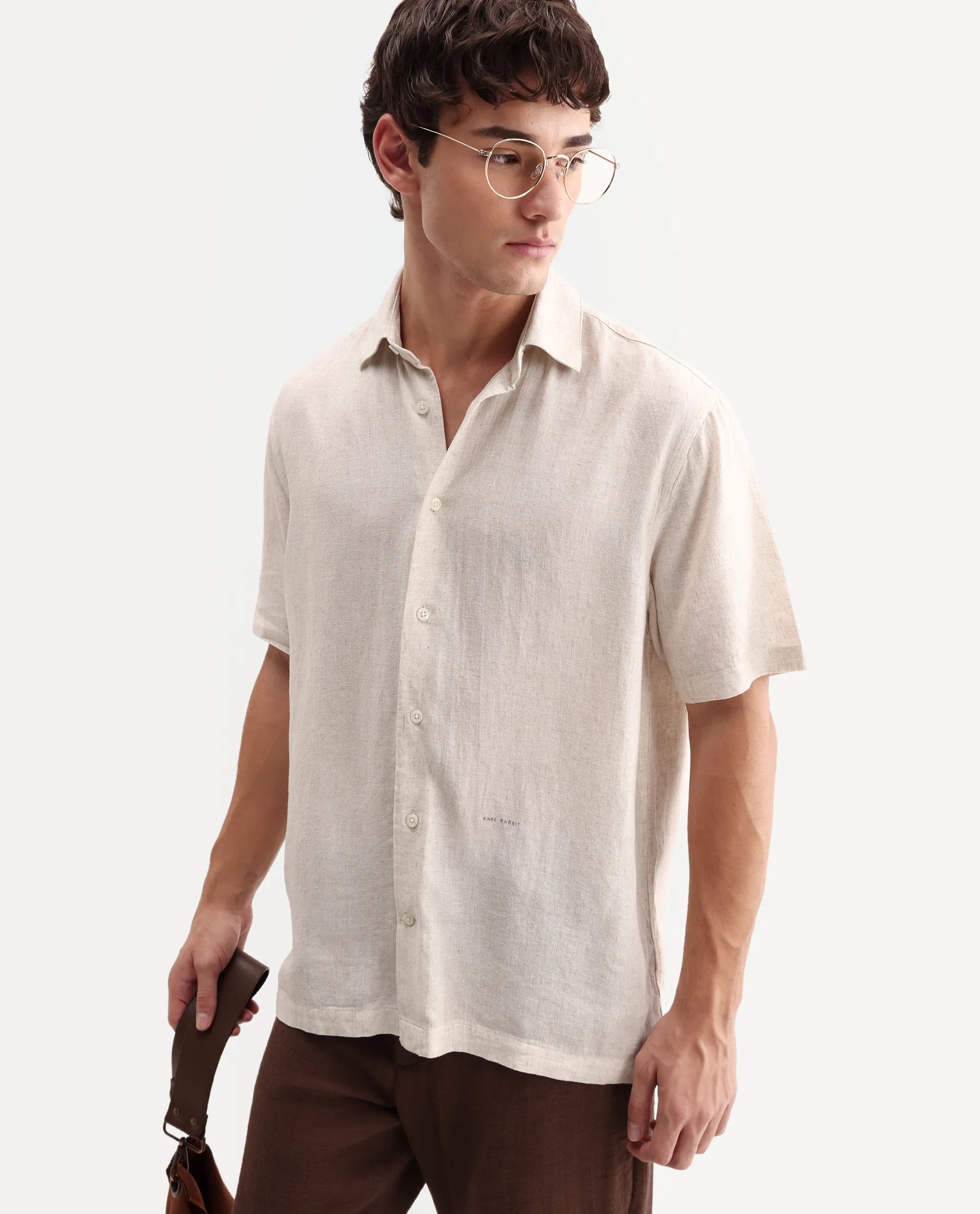 Rare Rabbit Men's Lewan-Ss Primary Ecru Linen Blend Spread Collar Regular Plain Shirt