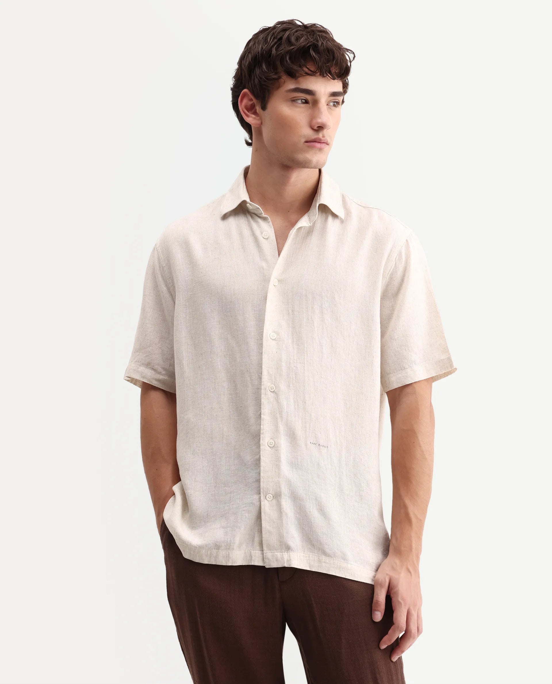 Rare Rabbit Men's Lewan-Ss Primary Ecru Linen Blend Spread Collar Regular Plain Shirt
