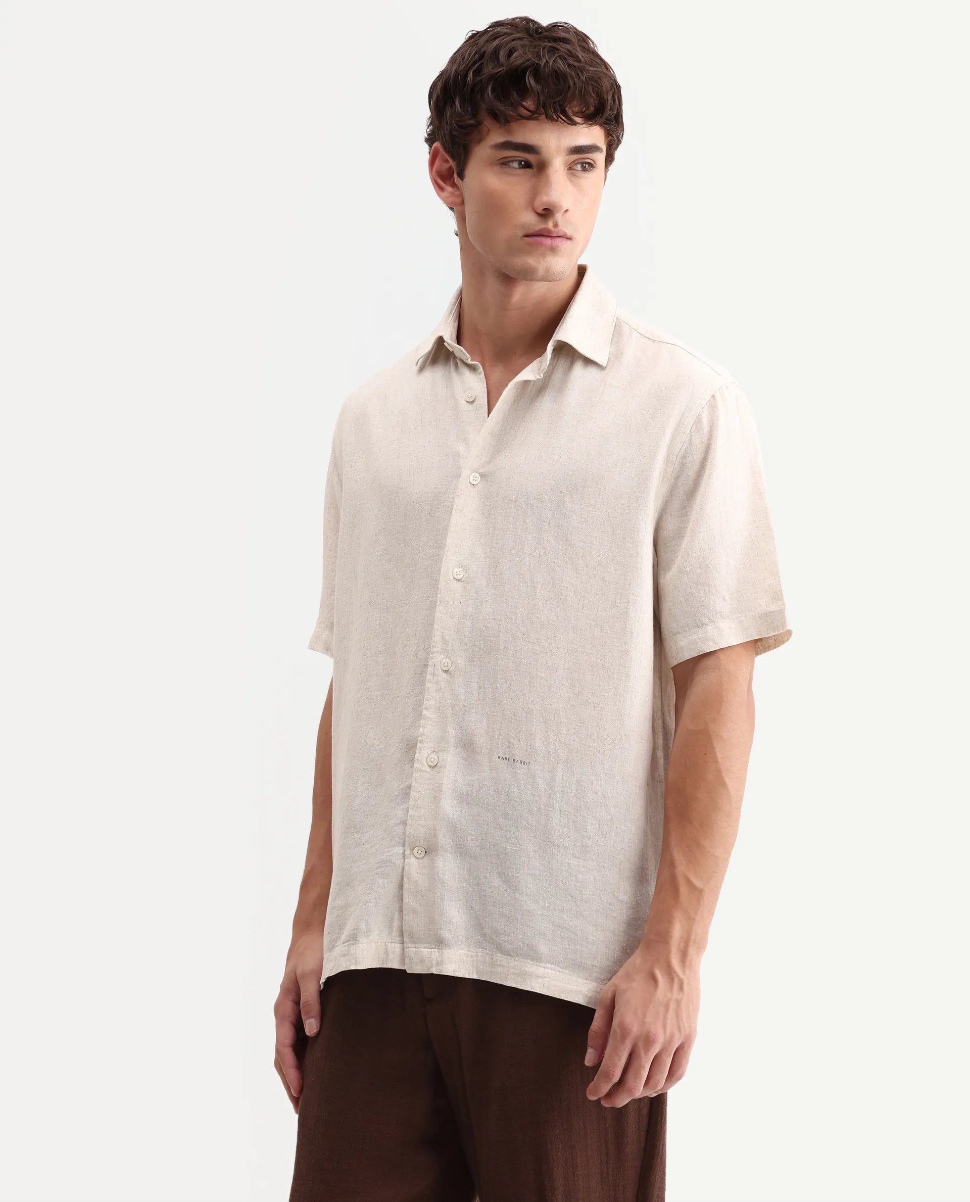 Rare Rabbit Men's Lewan-Ss Primary Ecru Linen Blend Spread Collar Regular Plain Shirt
