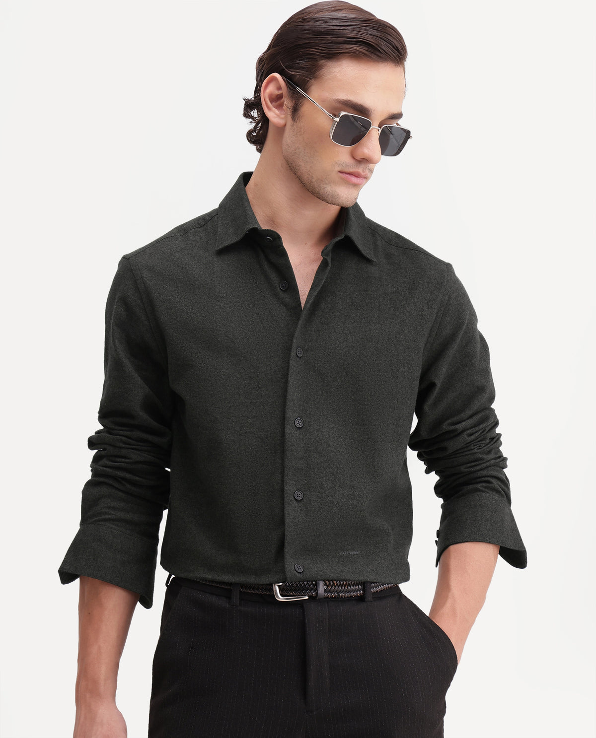 Rare Rabbit Men's Flark Dark Green Cotton Spread Collar Regular Plain Shirt