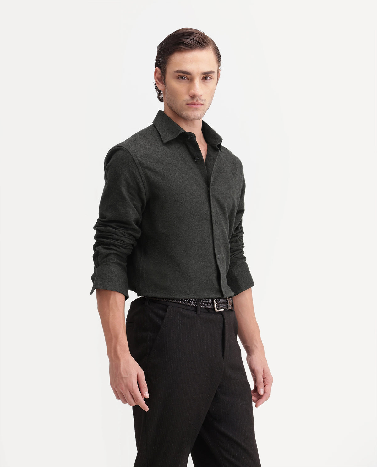 Rare Rabbit Men's Flark Dark Green Cotton Spread Collar Regular Plain Shirt