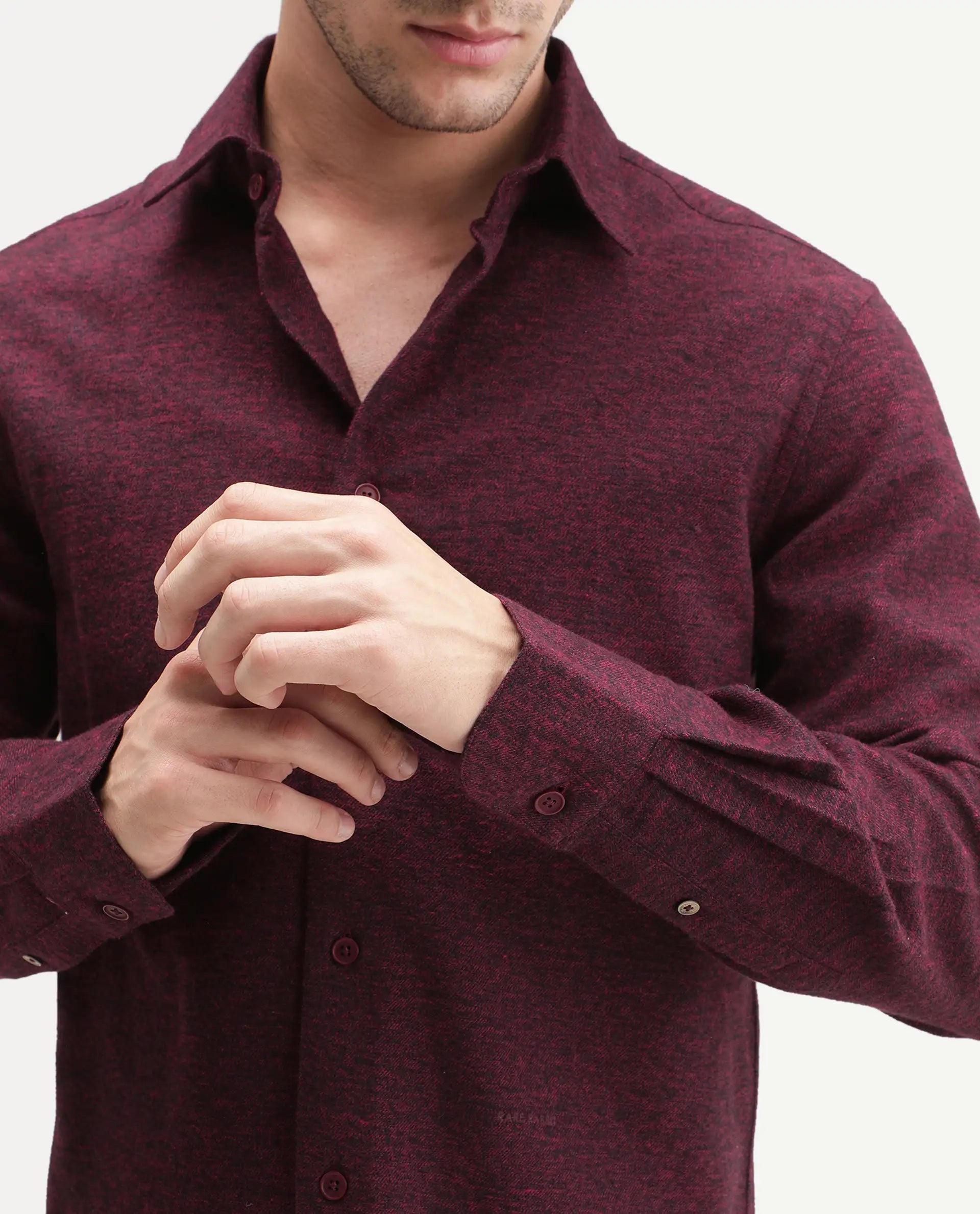 Rare Rabbit Men's Flark Dark Maroon Cotton Spread Collar Regular Plain Shirt