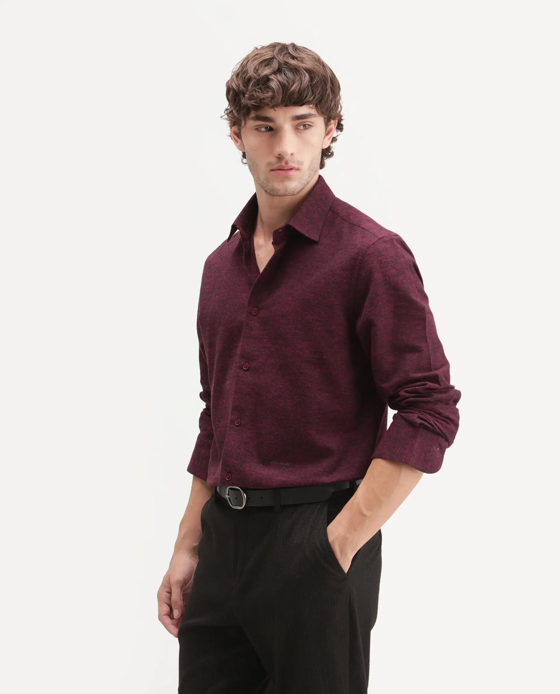 Rare Rabbit Men's Flark Dark Maroon Cotton Spread Collar Regular Plain Shirt
