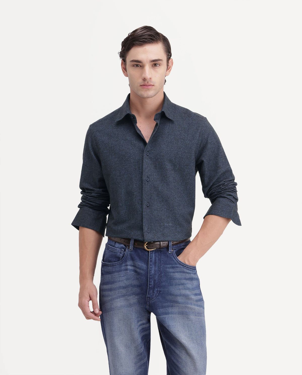 Rare Rabbit Men's Flark Dark Grey Cotton Spread Collar Regular Plain Shirt